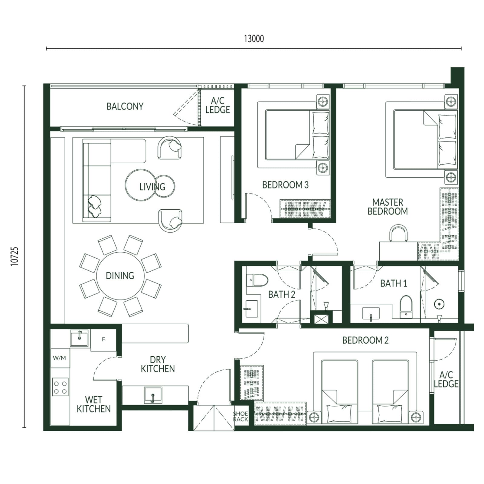 Park Green Pavilion Bukit Jalil Type C floor plan — 1,485 sq ft, 3 bedrooms · 2 bathrooms · balcony · dry & wet kitchen