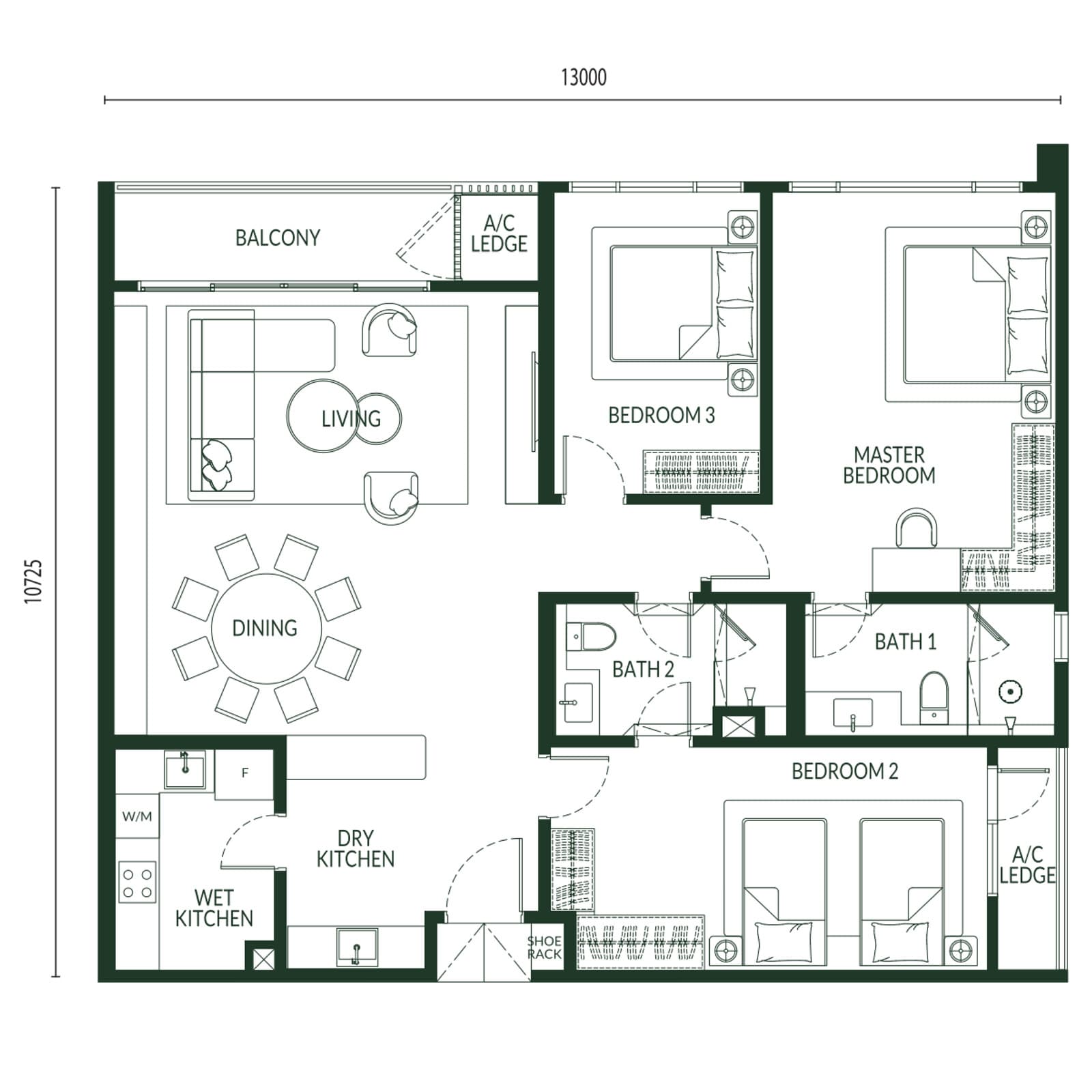 Park Green Pavilion Bukit Jalil Type D floor plan — 1,501 sq ft, 3 bedrooms · 2 bathrooms · balcony · dry & wet kitchen