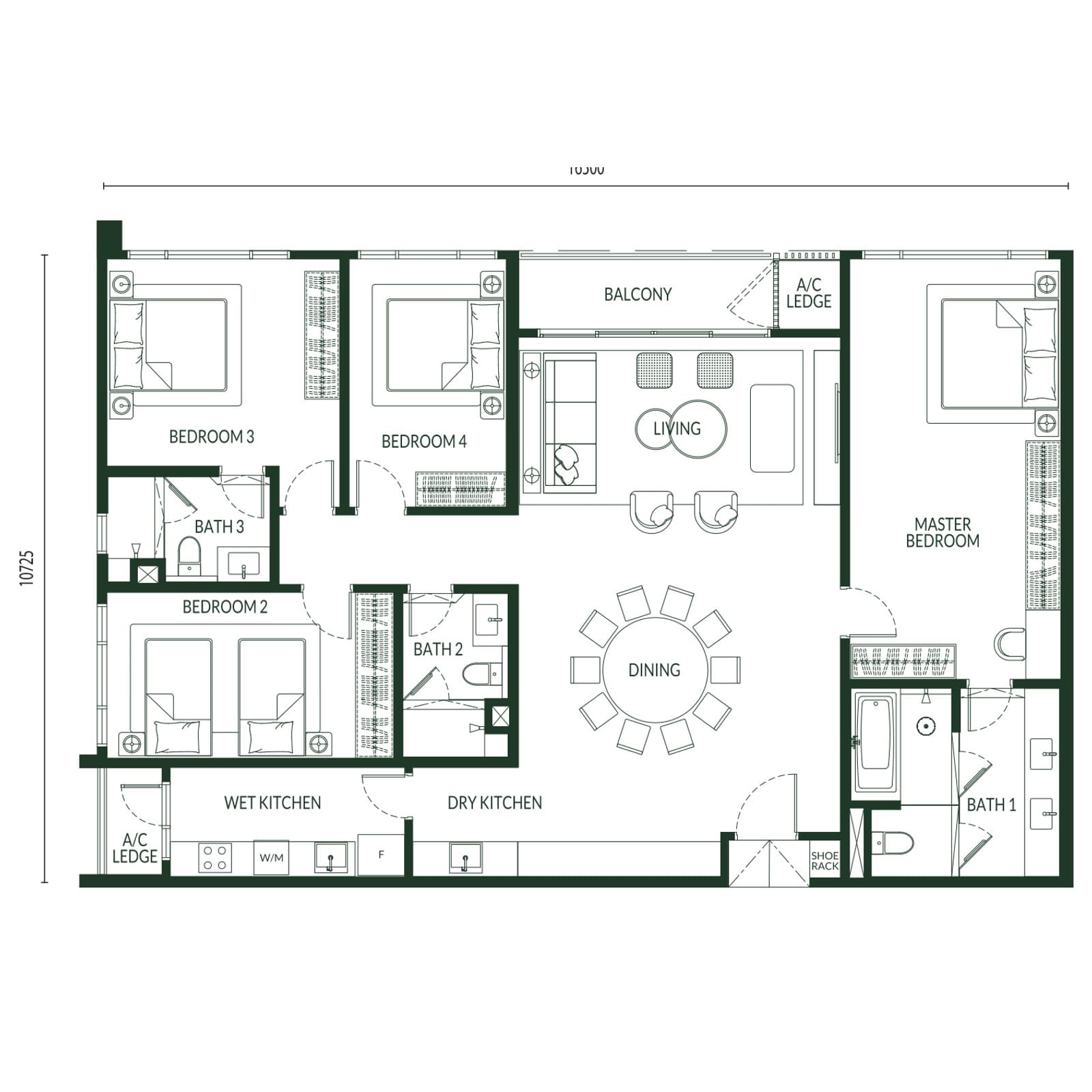 Park Green Pavilion Bukit Jalil Type E floor plan — 1,905 sq ft, 4 bedrooms · 3 bathrooms · balcony · dry & wet kitchen
