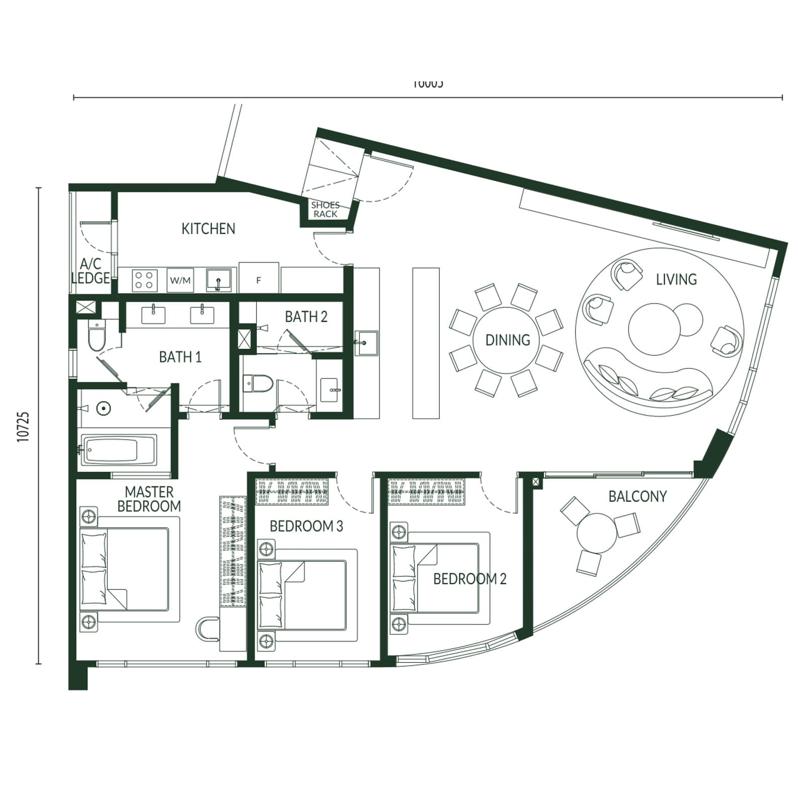 Park Green Pavilion Bukit Jalil Type F floor plan — 1,627 sq ft, 3 bedrooms · 2 bathrooms · balcony · single kitchen