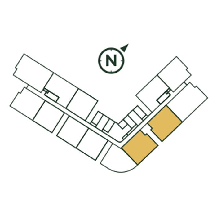 Park Green Pavilion typical floor plate with Type D picked out — East wing — Block A. A pair, closest to the elbow of the chevron