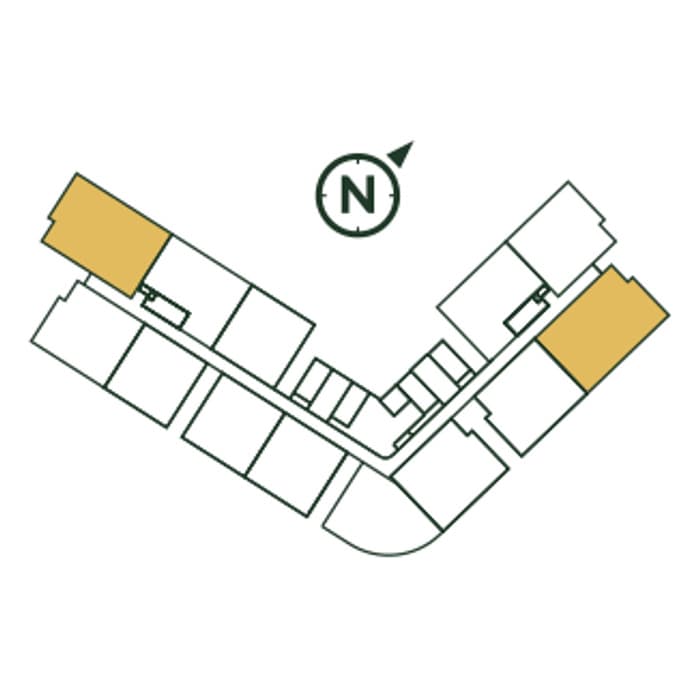 Park Green Pavilion typical floor plate with Type E picked out — One at the far end of each wing — the four-bedroom takes both outer corners