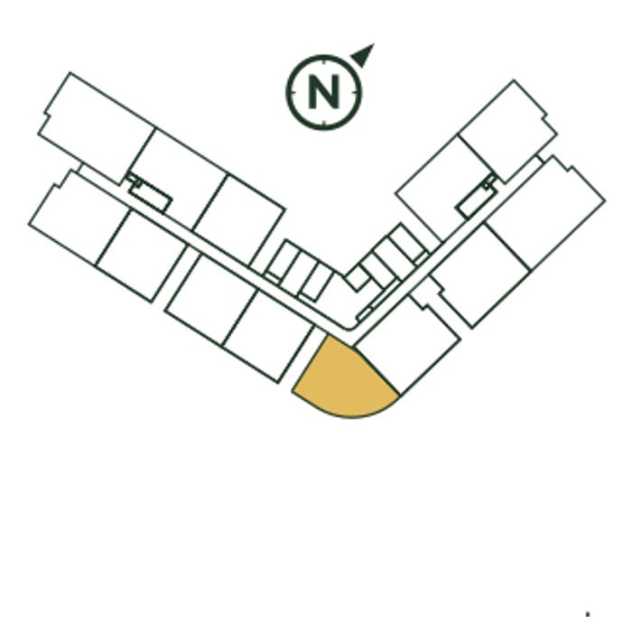 Park Green Pavilion typical floor plate with Type F picked out — East wing — Block A. The single curved home on the elbow itself