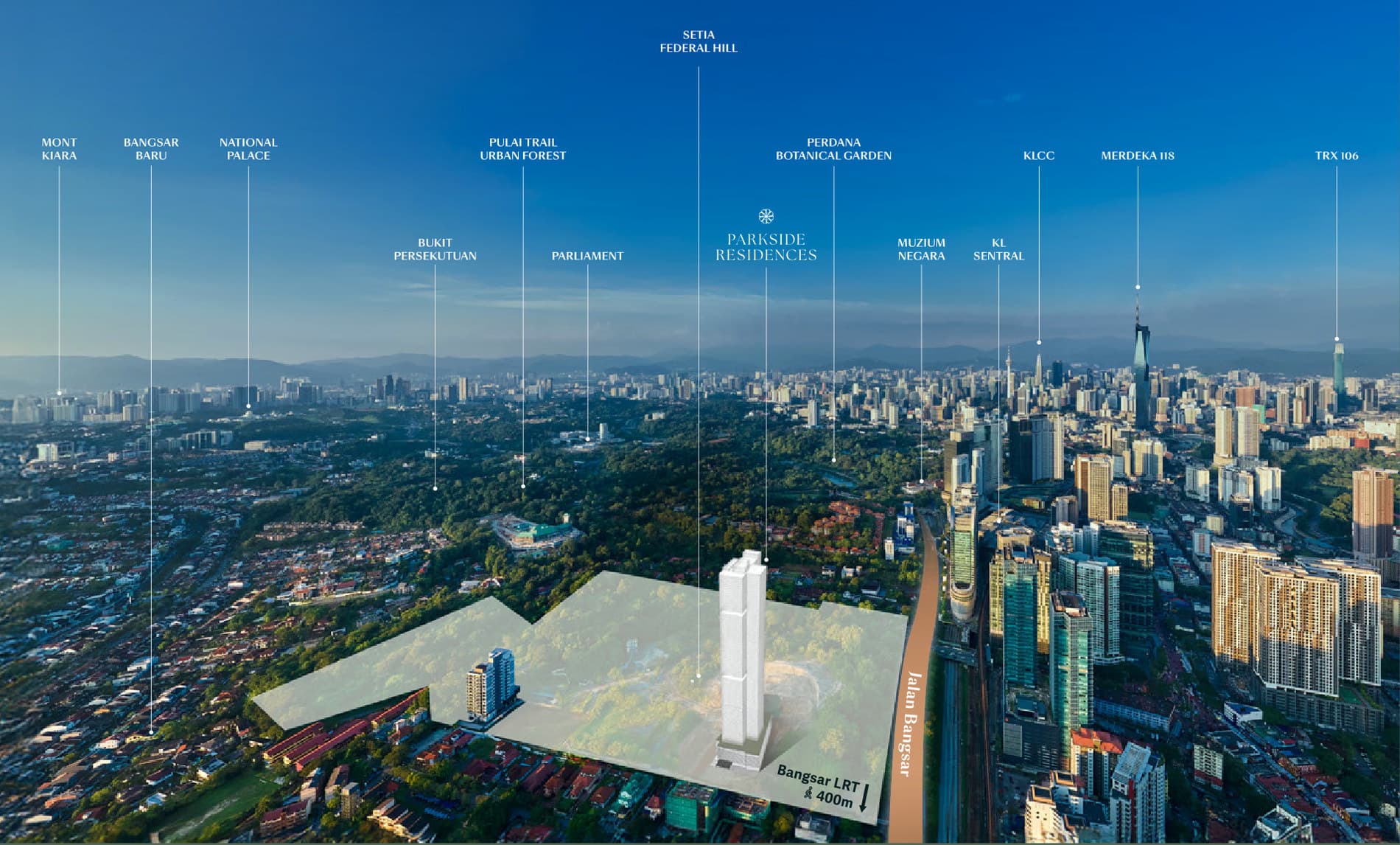 Aerial of the Parkside Residences site at Setia Federal Hill, Jalan Bangsar, with Mont Kiara, Bangsar Baru, the National Palace, Parliament, the Perdana Botanical Garden, Muzium Negara, KL Sentral, KLCC, Merdeka 118 and TRX 106 labelled across the skyline