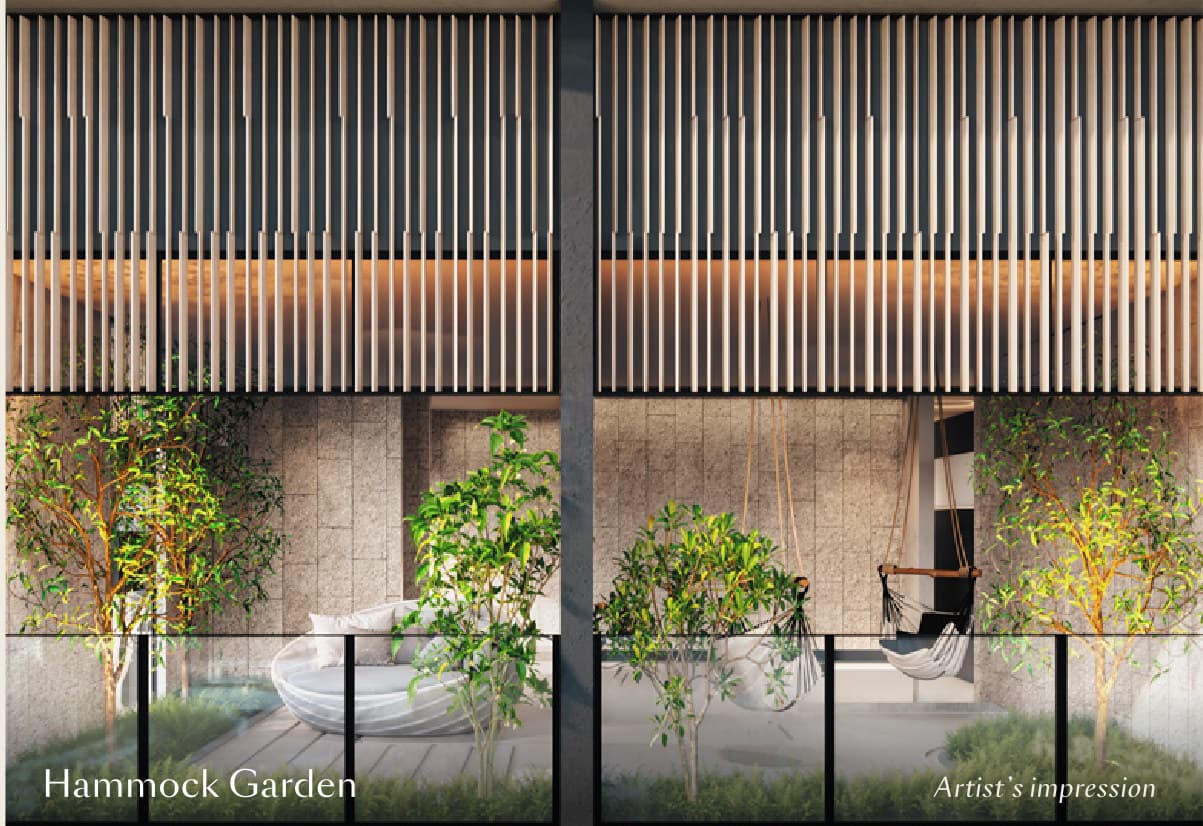 The Hammock Garden on Level 43, cut into the tower's edge