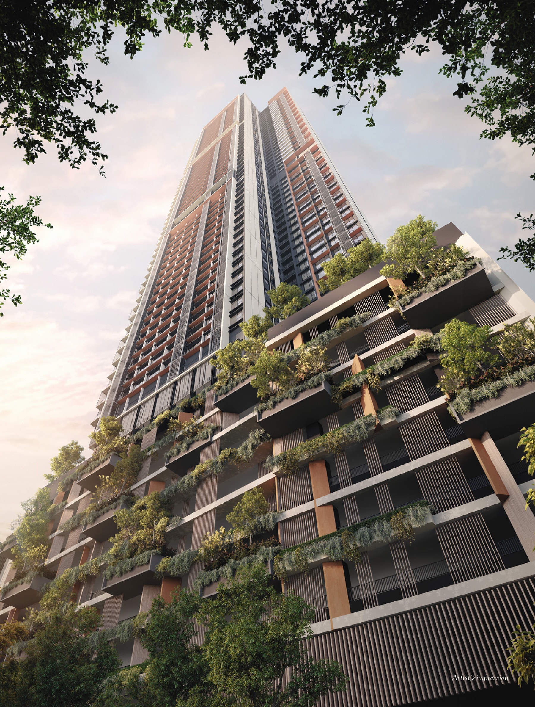 Parkside Residences — the 62-storey tower on Jalan Bangsar seen from below, with planted balconies wrapping its podium, Setia Federal Hill, Kuala Lumpur