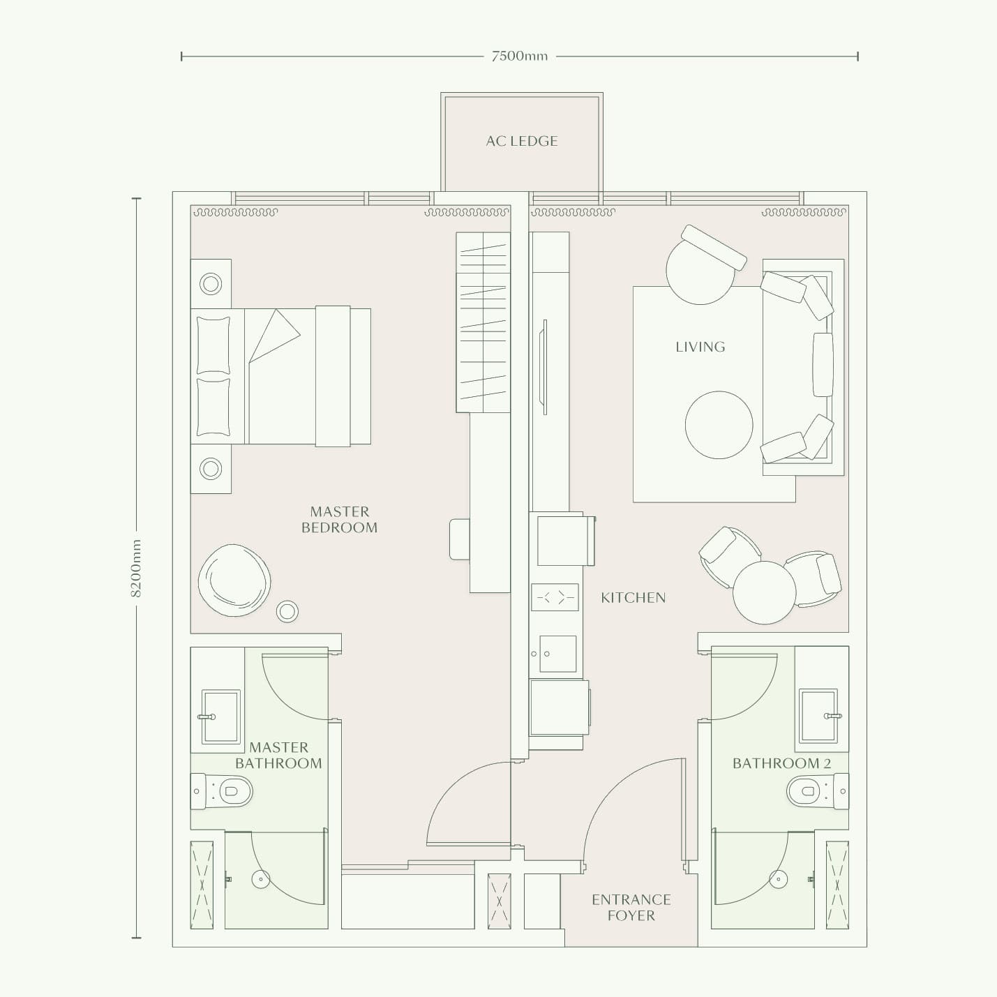 Parkside Residences Type B floor plan — 689 sq ft, 1 bedroom · 2 bathrooms