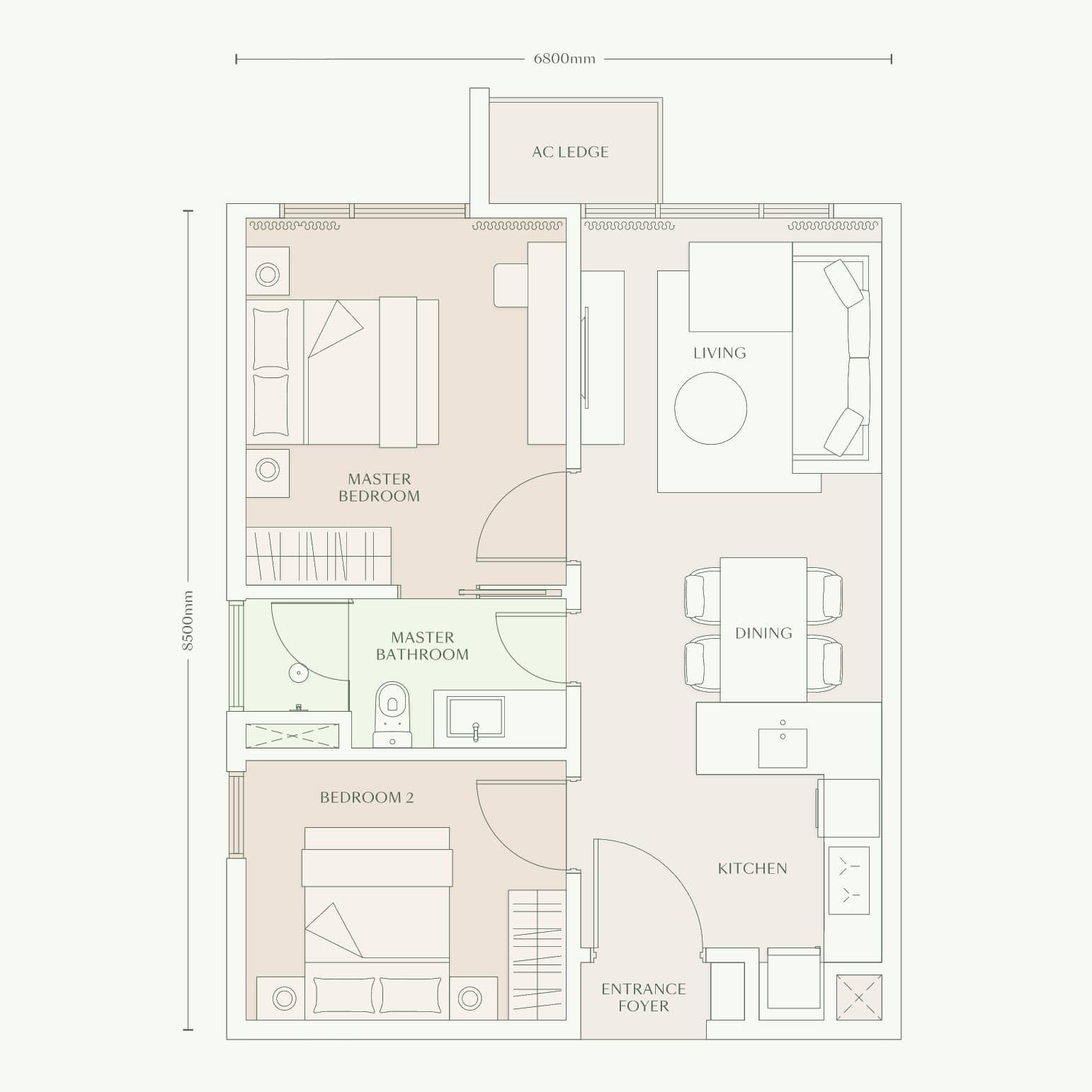 Parkside Residences Type C1 floor plan — 646 sq ft, 2 bedrooms · 1 bathroom