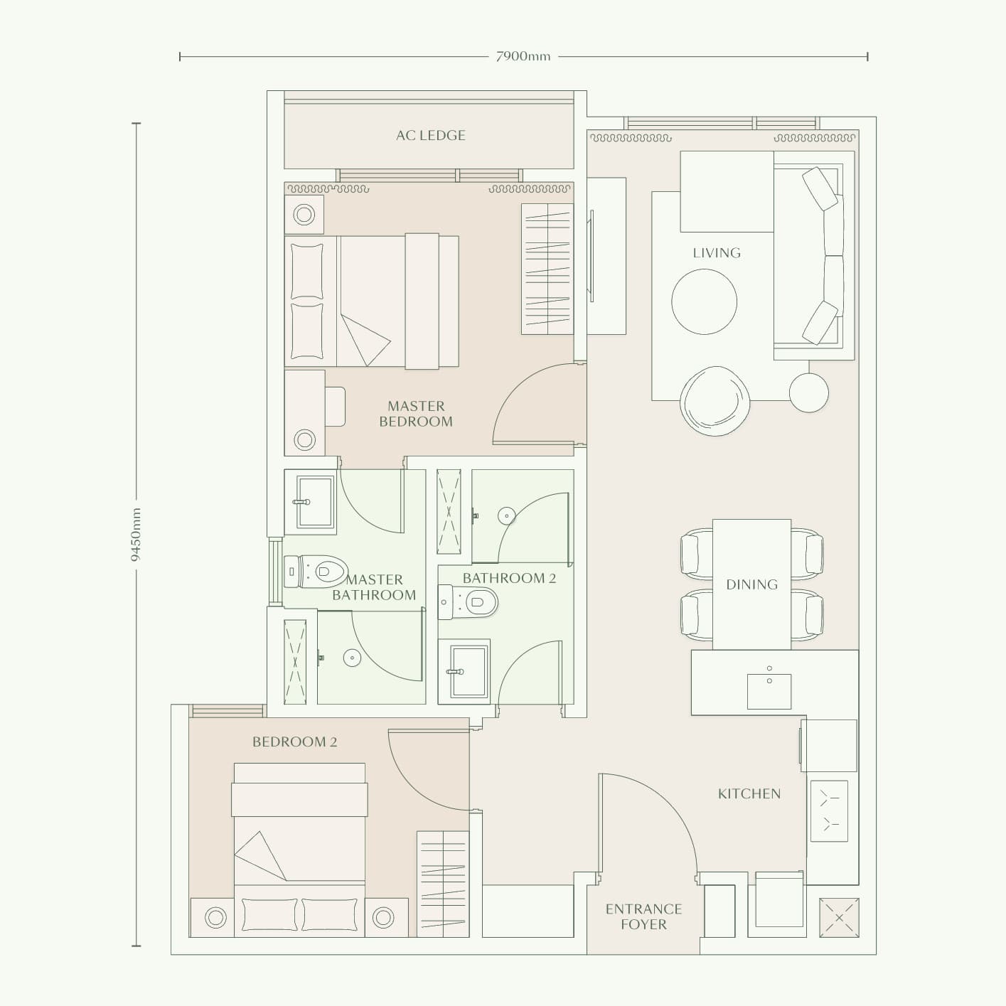 Parkside Residences Type C2 floor plan — 732 sq ft, 2 bedrooms · 2 bathrooms