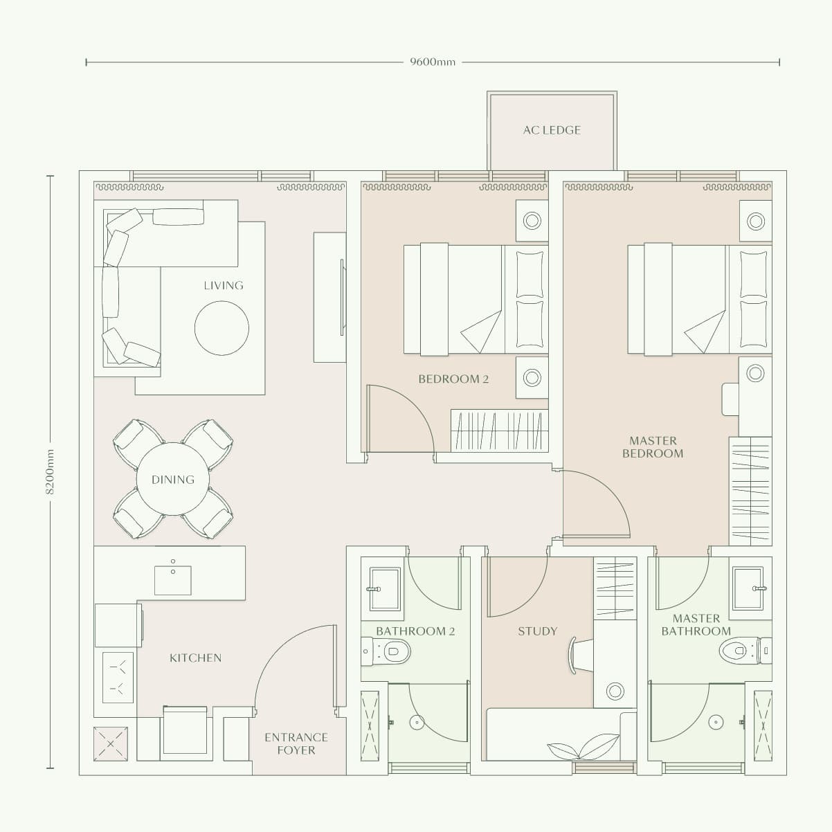 Parkside Residences Type D1 floor plan — 872 sq ft, 2 bedrooms · study · 2 bathrooms