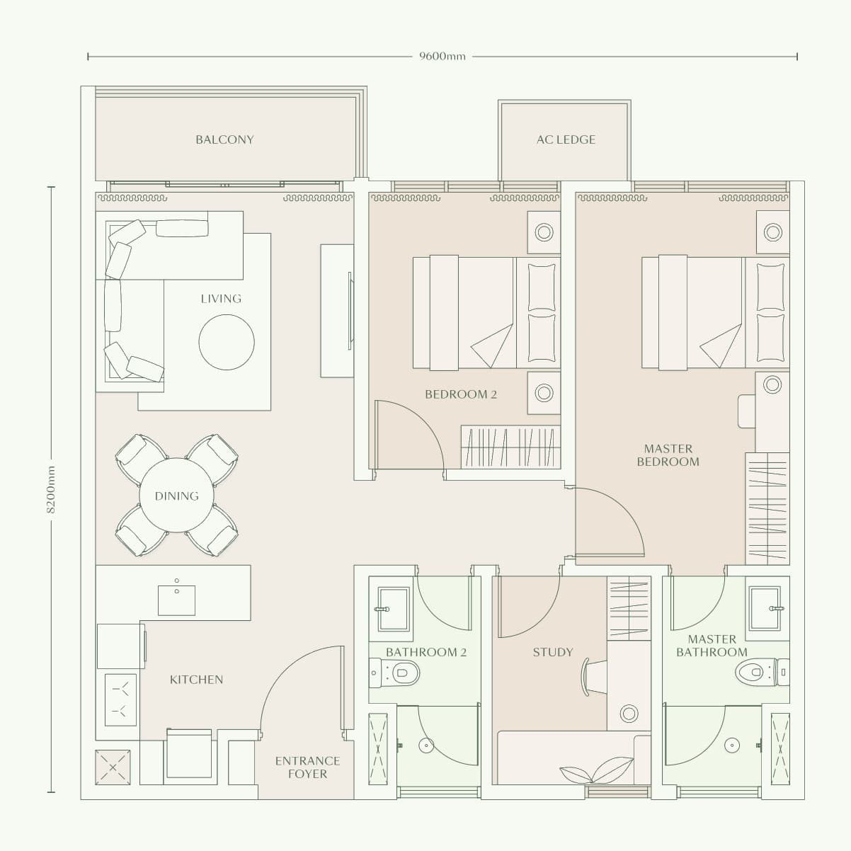 Parkside Residences Type D2 floor plan — 926 sq ft, 2 bedrooms · study · 2 bathrooms · balcony