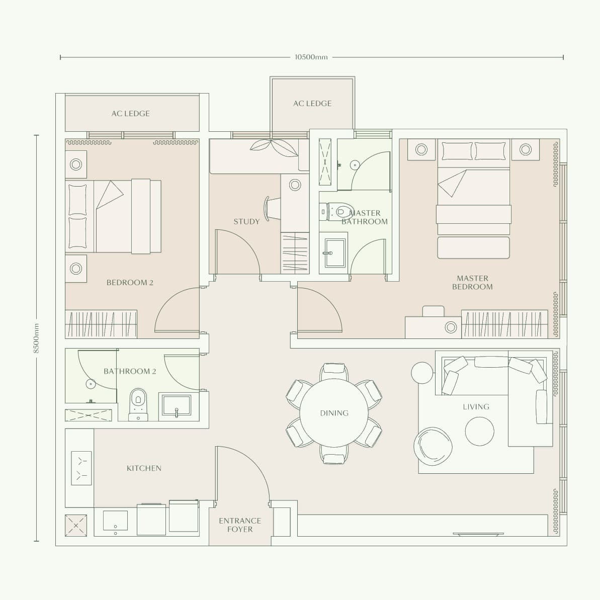 Parkside Residences Type D3 floor plan — 1,012 sq ft, 2 bedrooms · study · 2 bathrooms