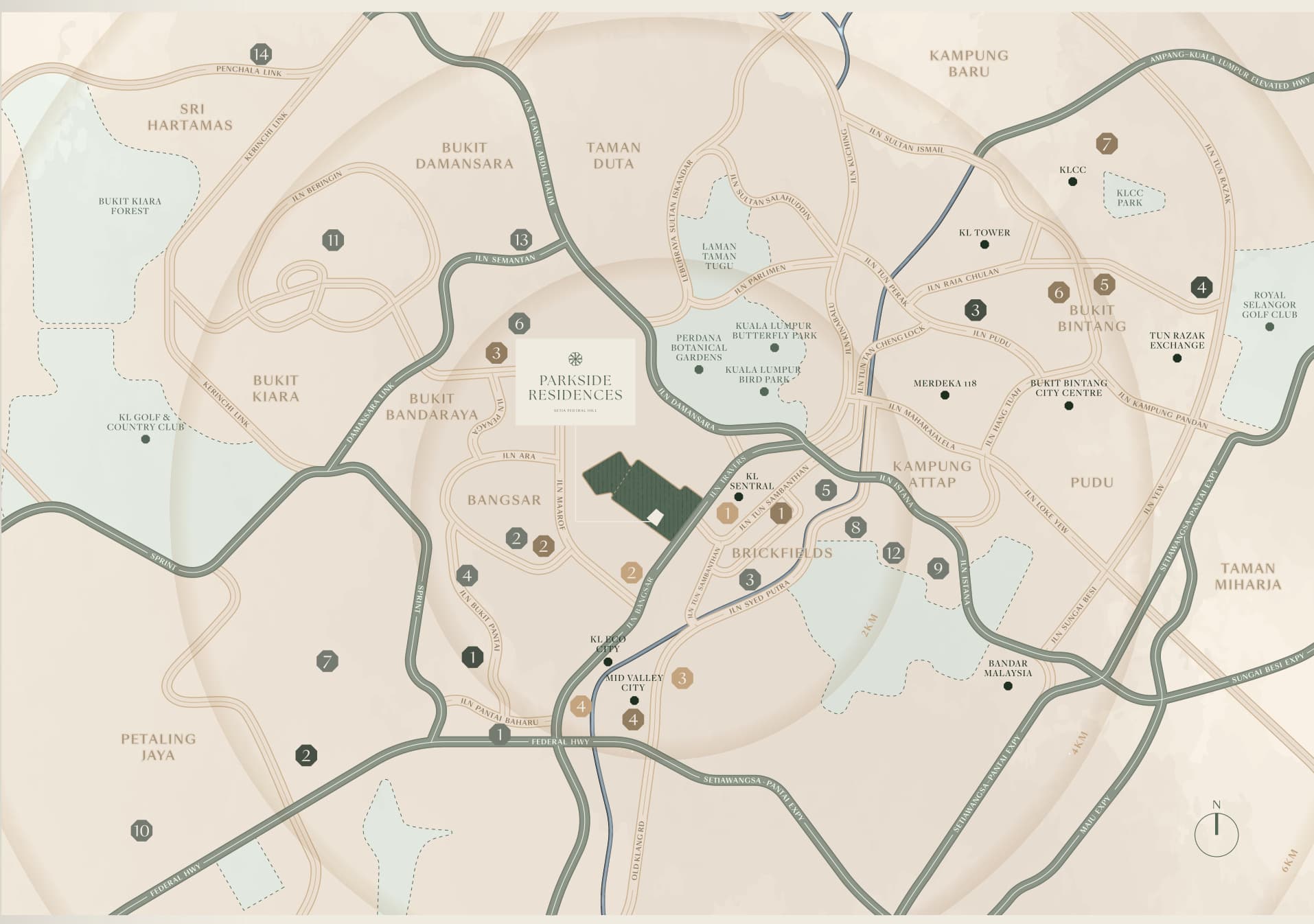 Parkside Residences location map — the site on Jalan Bangsar with Bangsar, Bukit Bandaraya, Brickfields, KL Sentral, Mid Valley City, Bukit Bintang and KLCC around it, and the Federal Highway, Sprint, New Pantai Expressway and Setiawangsa–Pantai Expressway marked