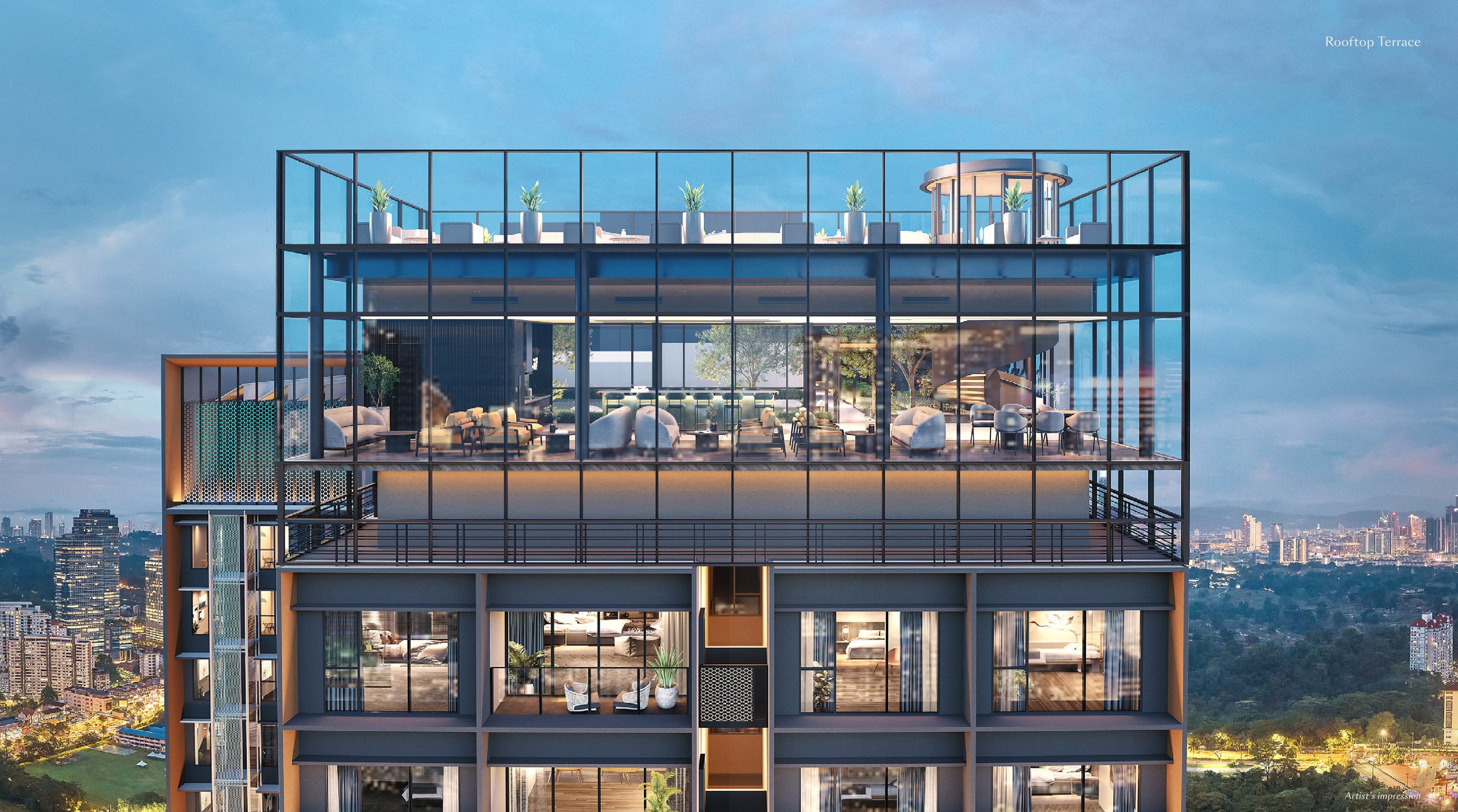 Parkside Sky on Levels 61 and 62 of Parkside Residences at dusk — the glazed sky lounge with its spiral stair, the rooftop terrace above it, and the Kuala Lumpur skyline beyond