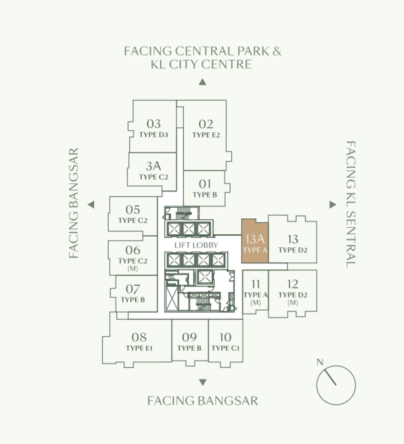 Parkside Residences typical floor key plan — fourteen units around a central lift lobby, marked by type, with the central park and KL city centre to the north, KL Sentral to the east and Bangsar to the west and south