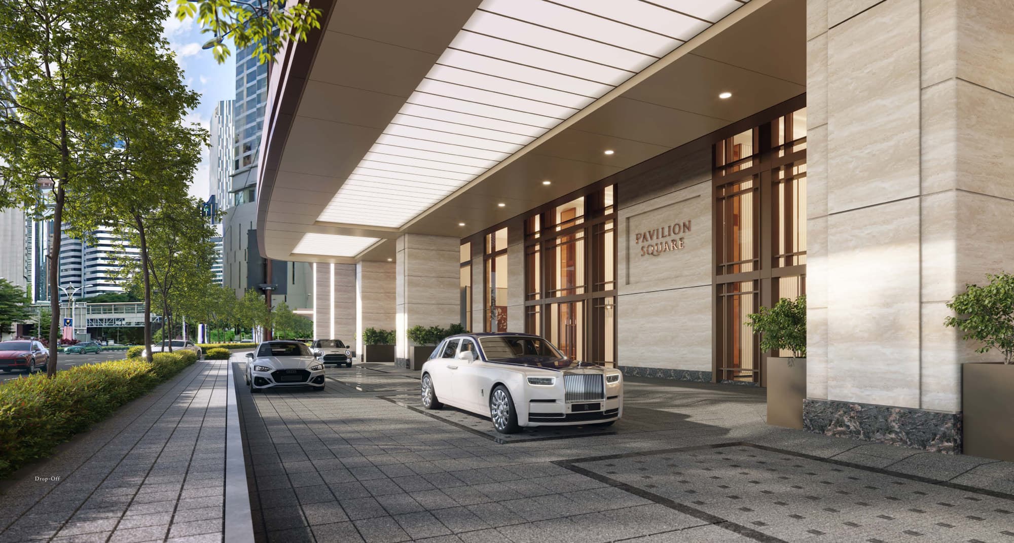 The residential drop-off — a covered porte-cochere set back from Jalan Bukit Bintang behind mature trees, with the residences entrance under it