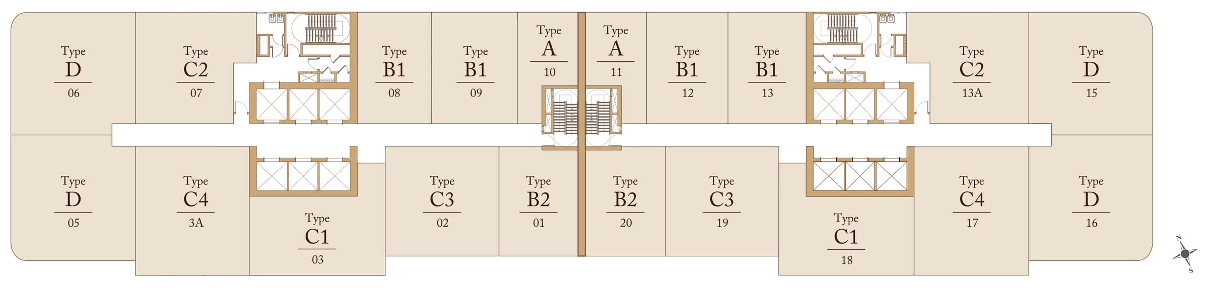 Pavilion Square typical floor layout for Levels 13A–37 and 39–62 — twenty homes in two bands. The upper band runs unit 06 Type D, 07 Type C2, 08 Type B1, 09 Type B1, 10 Type A, 11 Type A, 12 Type B1, 13 Type B1, 13A Type C2 and 15 Type D; the lower band runs 05 Type D, 3A Type C4, 03 Type C1, 02 Type C3, 01 Type B2, 20 Type B2, 19 Type C3, 18 Type C1, 17 Type C4 and 16 Type D