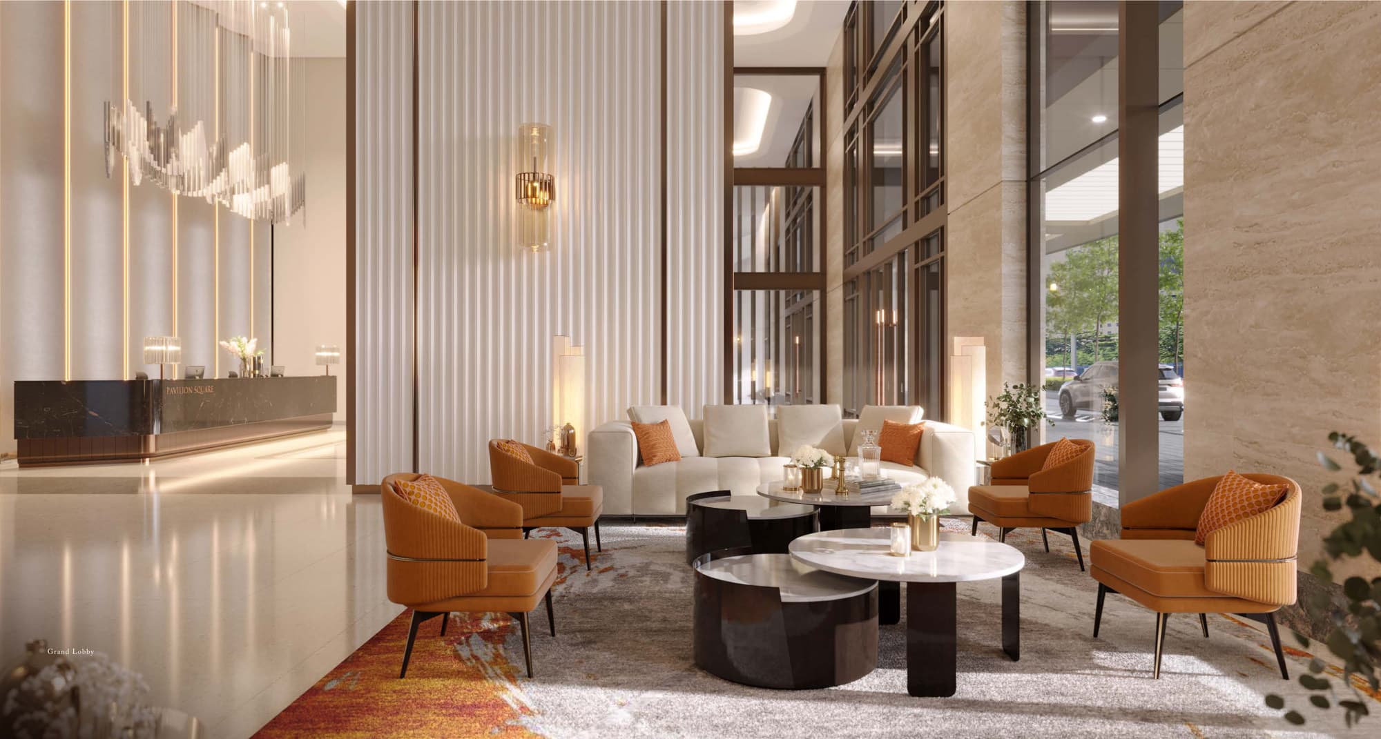 The Grand Lobby — a double-volume room in fluted stone and travertine, the concierge counter at the far end, and a full-height window wall onto the landscaping