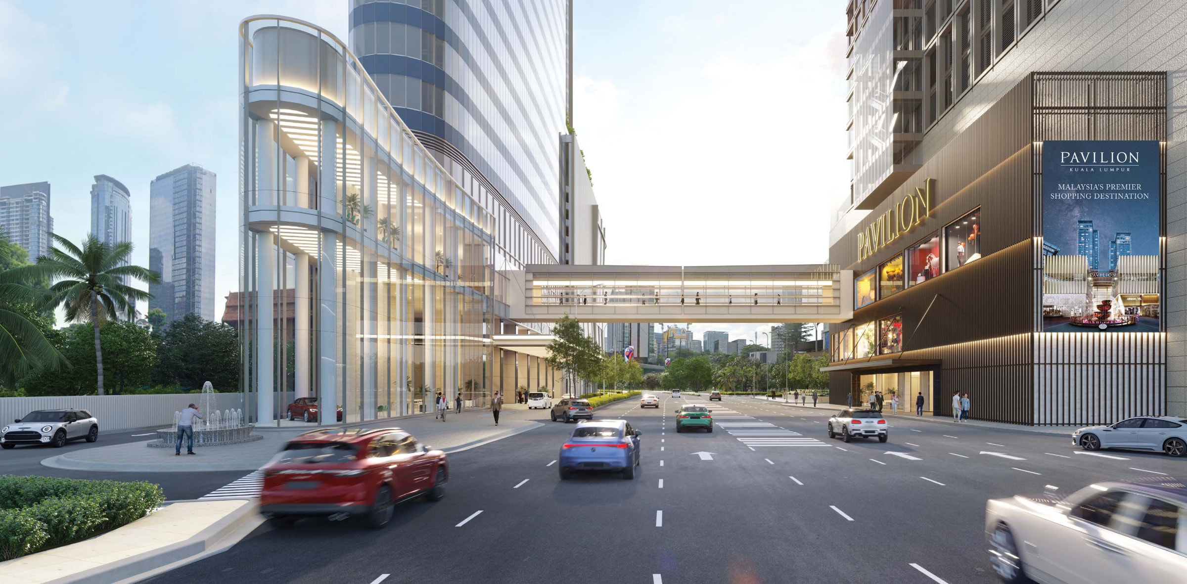 Pavilion Square Kuala Lumpur — the tower seen from Jalan Raja Chulan, its curved glazed podium on the left and the covered link bridge crossing the road into Pavilion Kuala Lumpur on the right