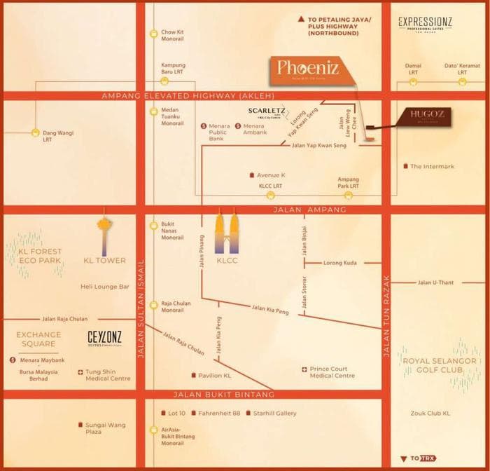 Phoeniz Suites location map — the tower marked on Jalan Yap Kwan Seng below the Ampang Elevated Highway, with Hugoz and Scarletz on the same street, Expressionz, Damai LRT and Dato' Keramat LRT to the north-east, Ampang Park LRT, KLCC LRT, Avenue K, Menara Public Bank, Menara AmBank and The Intermark below it, and KLCC, KL Tower, the Royal Selangor Golf Club, Pavilion KL, Starhill Gallery, Bukit Bintang and TRX across the rest of the sheet