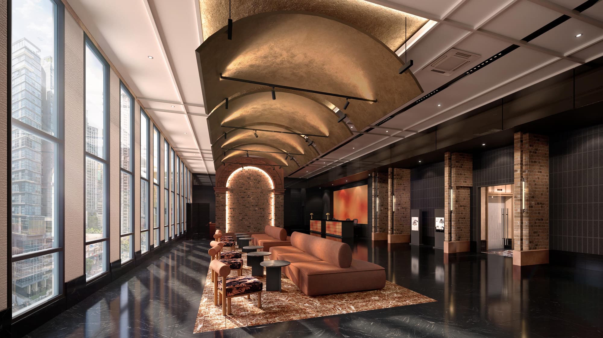 The arrival lobby — a run of vaulted brick bays down one side, concierge counter at the far end, and a full-height window wall onto the street