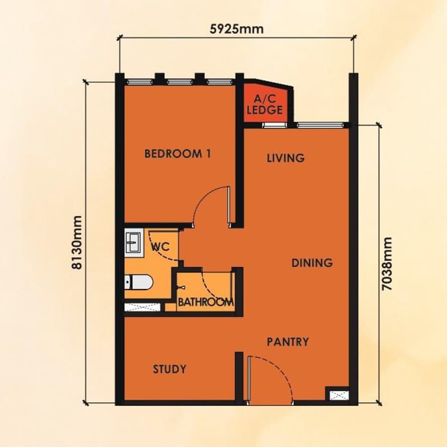Phoeniz Suites Type A floor plan — 484 sq ft, 1 bedroom + study · 1 bathroom + WC