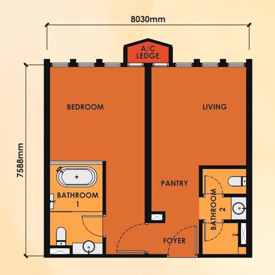 Phoeniz Suites Type B1 floor plan — 657 sq ft, Dual key · 2 halves · 2 bathrooms