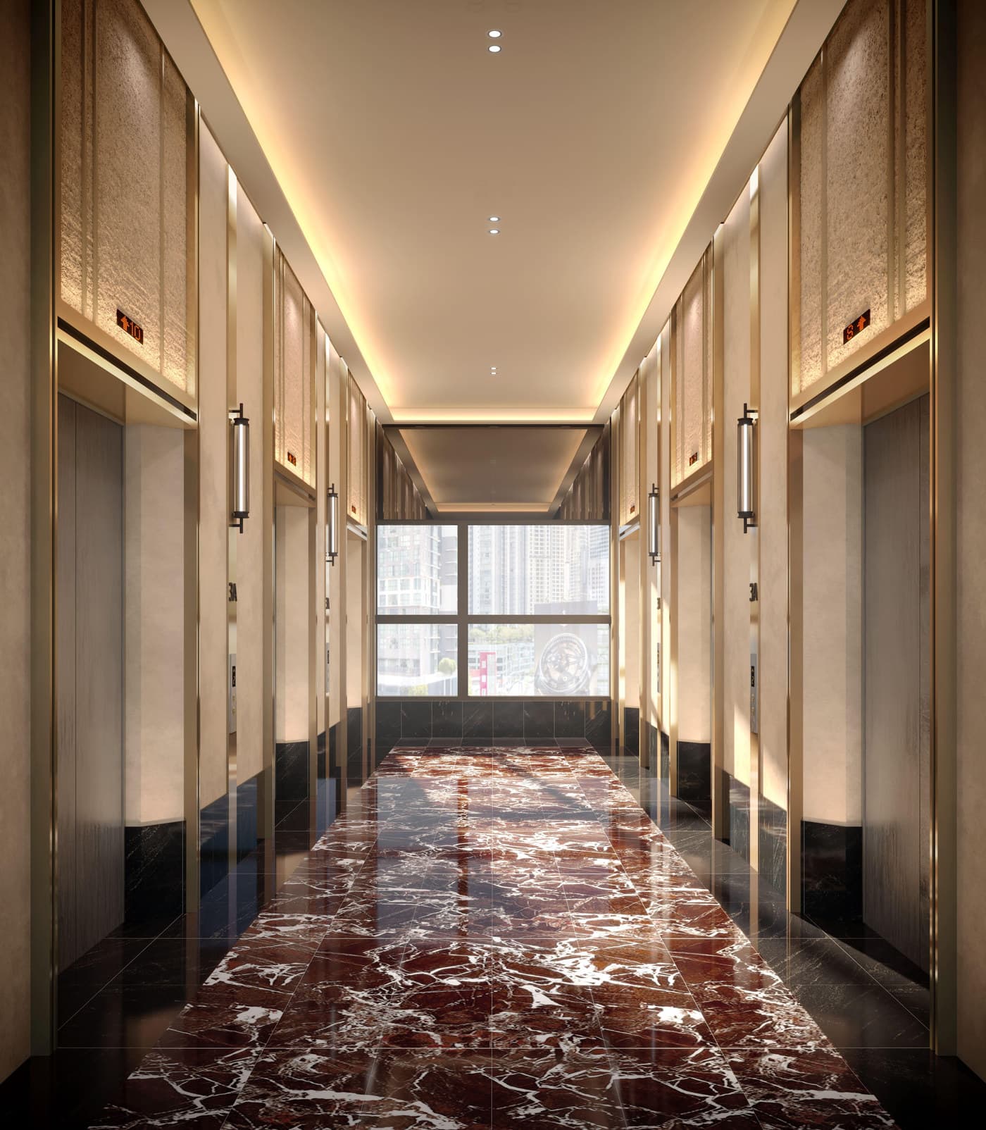 Phoeniz Suites lift lobby — a single marble-floored lobby with lift doors down both sides in brass-framed bays, and a window onto the city at the far end