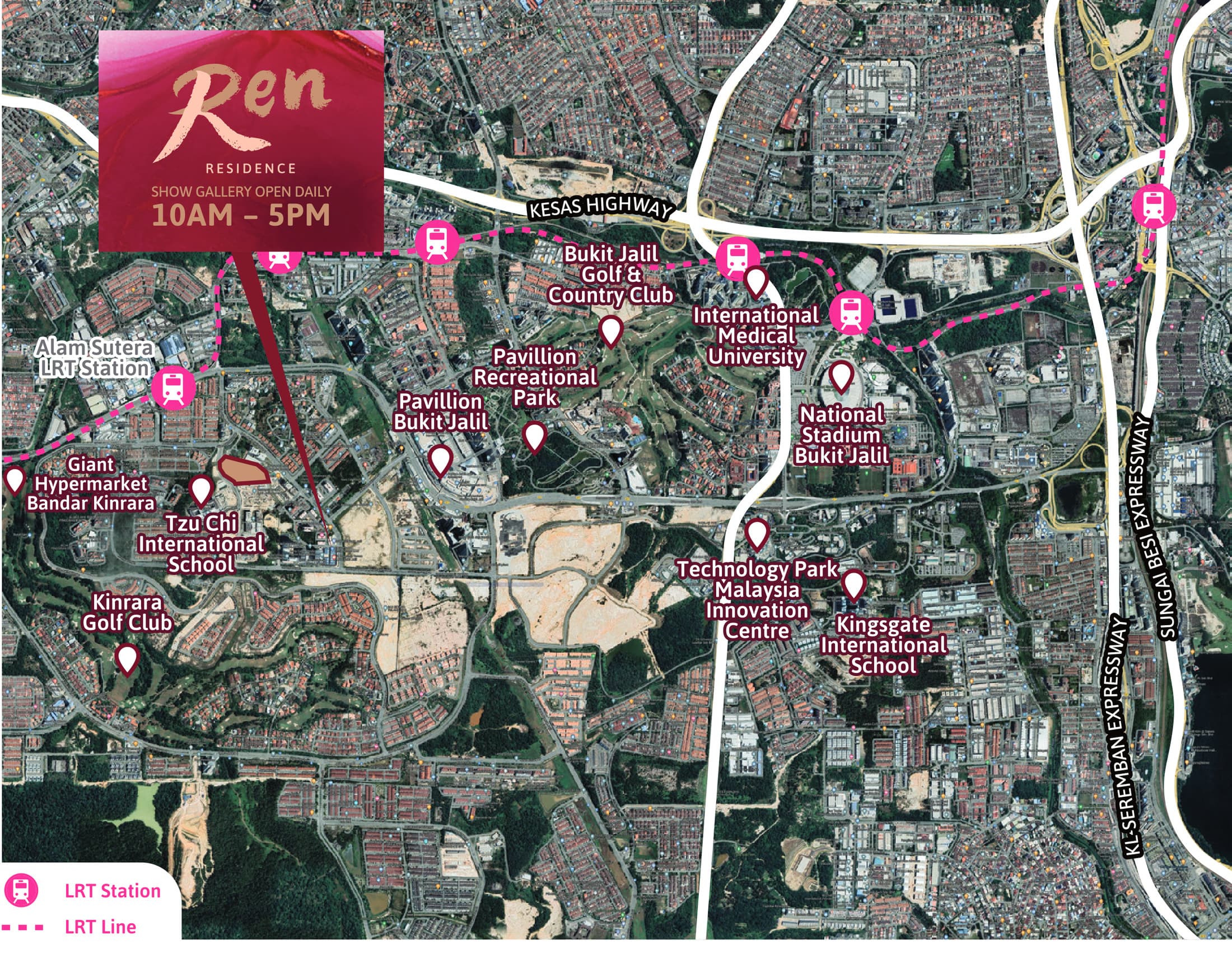 Ren Residence location map — the site marked off the Kesas Highway in Bukit Jalil, with Alam Sutera LRT Station, Tzu Chi International School, Giant Hypermarket Bandar Kinrara, Kinrara Golf Club, Pavillion Bukit Jalil, Pavillion Recreational Park, Bukit Jalil Golf & Country Club, International Medical University, National Stadium Bukit Jalil, Technology Park Malaysia Innovation Centre and Kingsgate International School plotted around it, with the LRT Sri Petaling line, the Kesas Highway, the KL–Seremban Expressway and the Sungai Besi Expressway