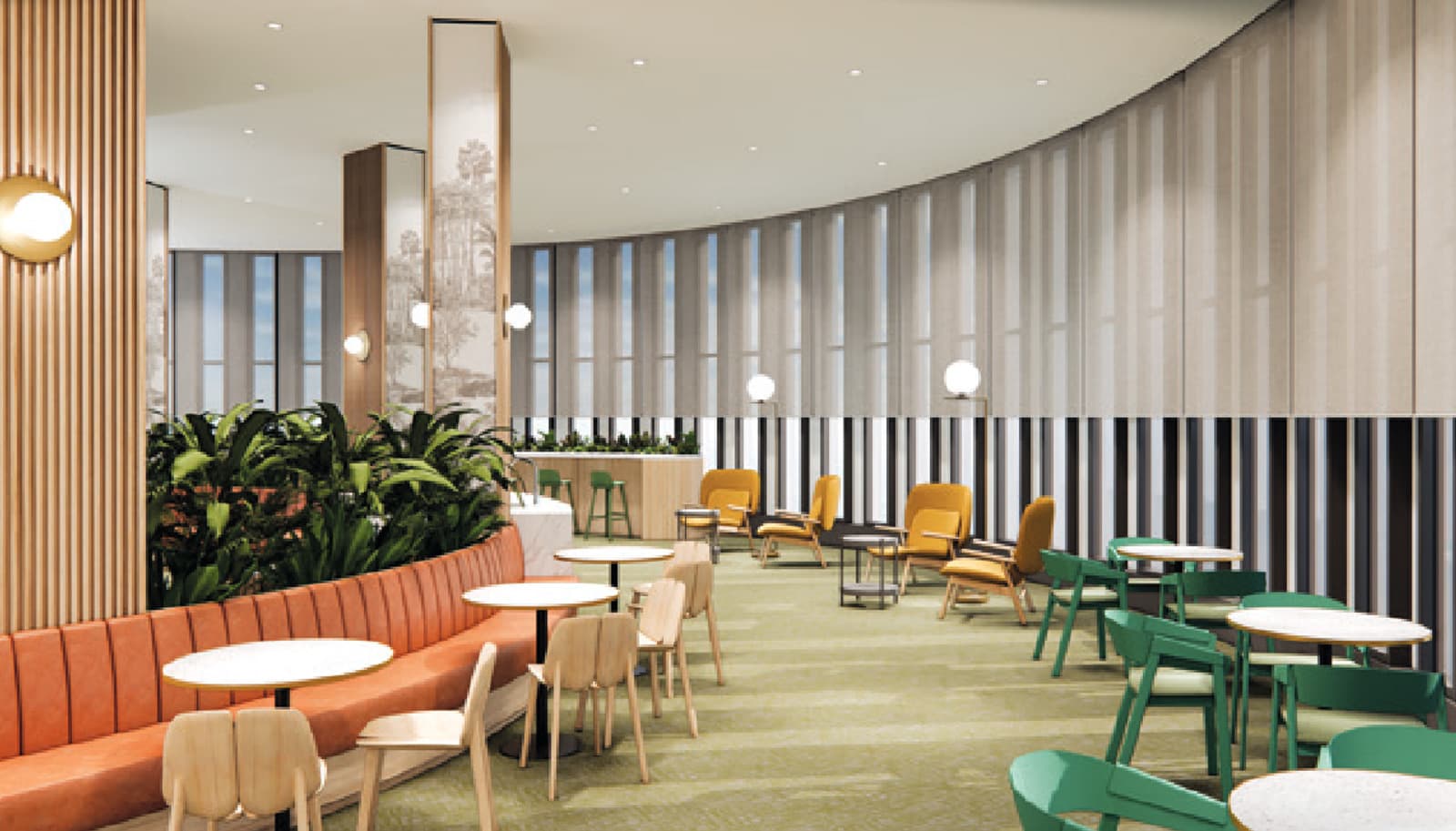Co-Working Space — the curved workroom on the deck level, with banquette booths on one side and loose tables on the other