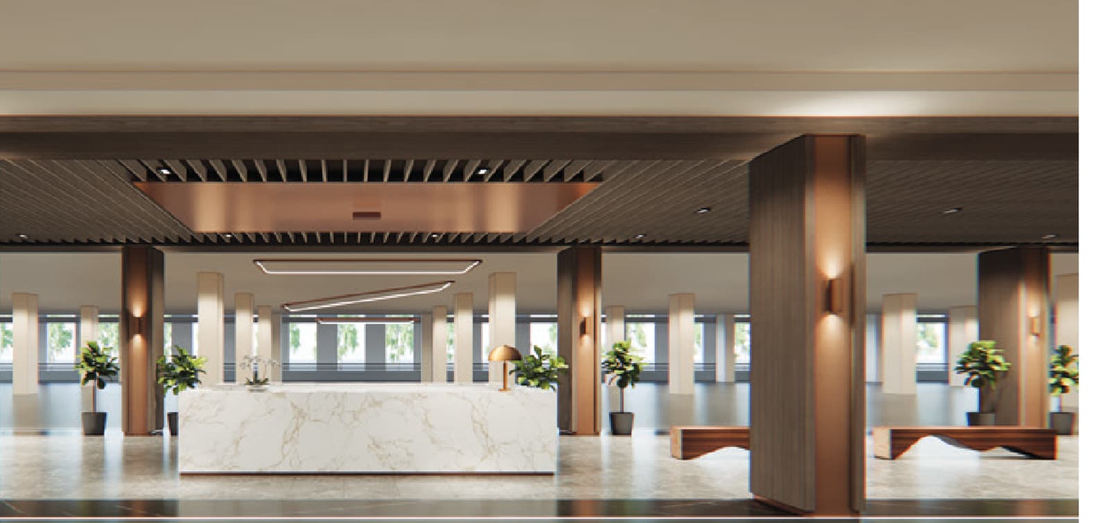 Concierge — the ground-floor arrival hall, a single colonnaded run with the reception counter set against the drop-off