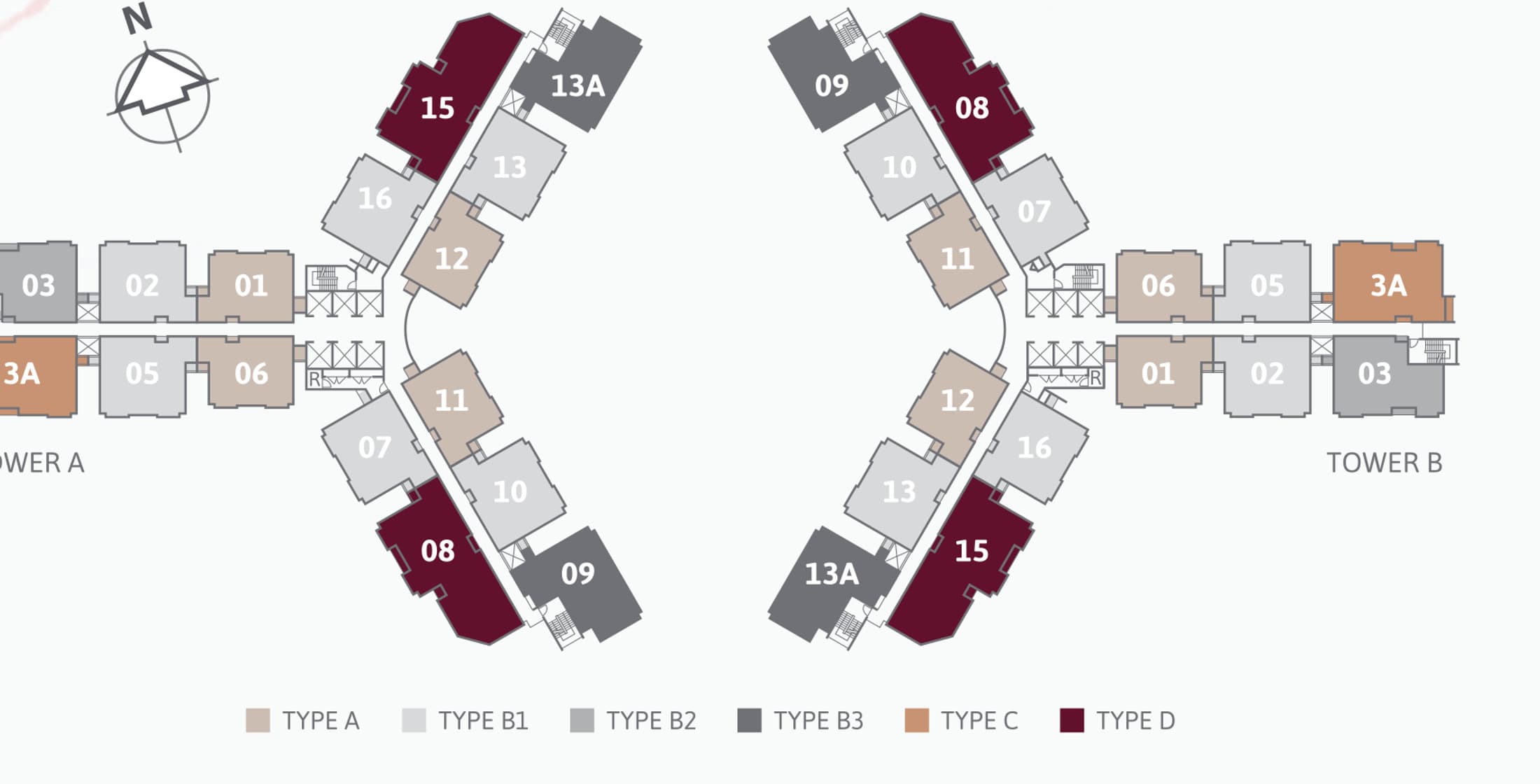 Ren Residence typical floor plate for Tower A and Tower B — sixteen homes a floor numbered 01 to 16, colour-coded by type, in a 人 plan with one straight arm and two splayed arms meeting at a single lift core, oriented north