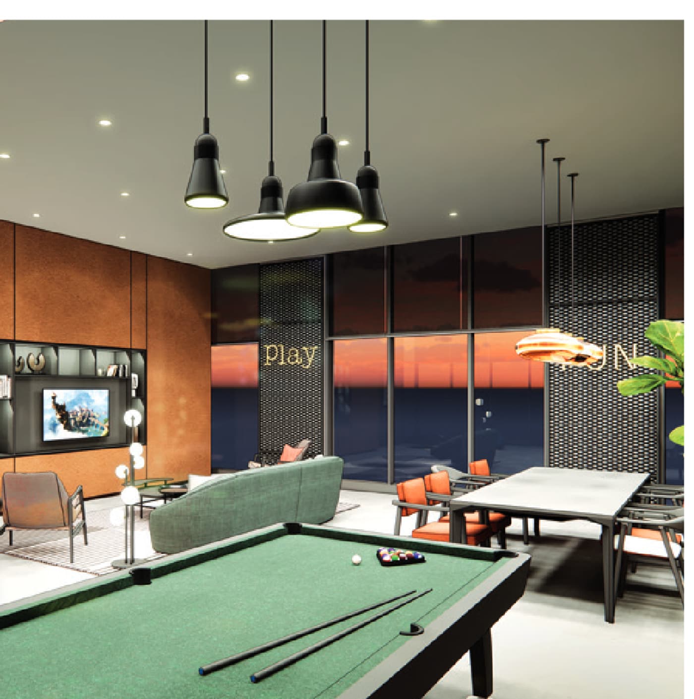 Games Room — pool table, lounge and a long communal table, glazed on two sides above the podium