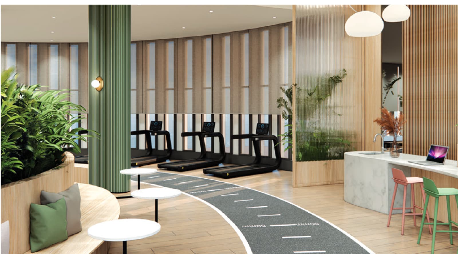 Gymnasium — treadmills along the glazed wall, an indoor running track through the middle and a planted lounge and juice counter at the ends
