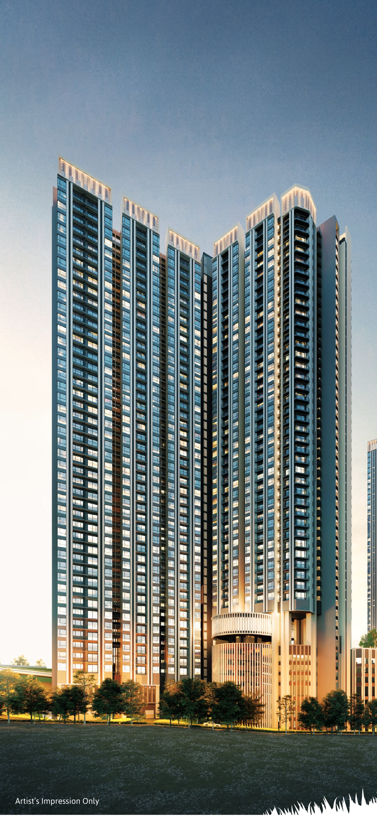 Ren Residence @ Bukit Jalil — the twin 45-storey towers in their 人 plan, seen from the open ground at dusk
