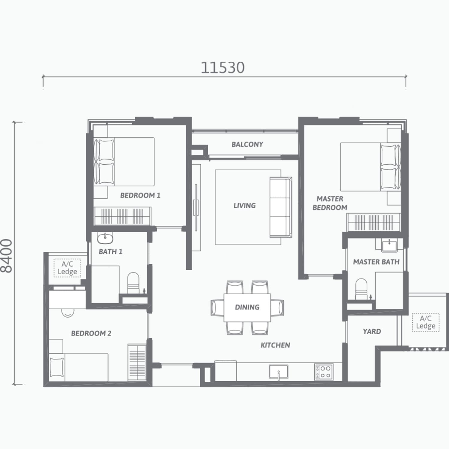 Ren Residence Bukit Jalil Type A floor plan — 920 sq ft, 3 bedrooms · 2 bathrooms · balcony