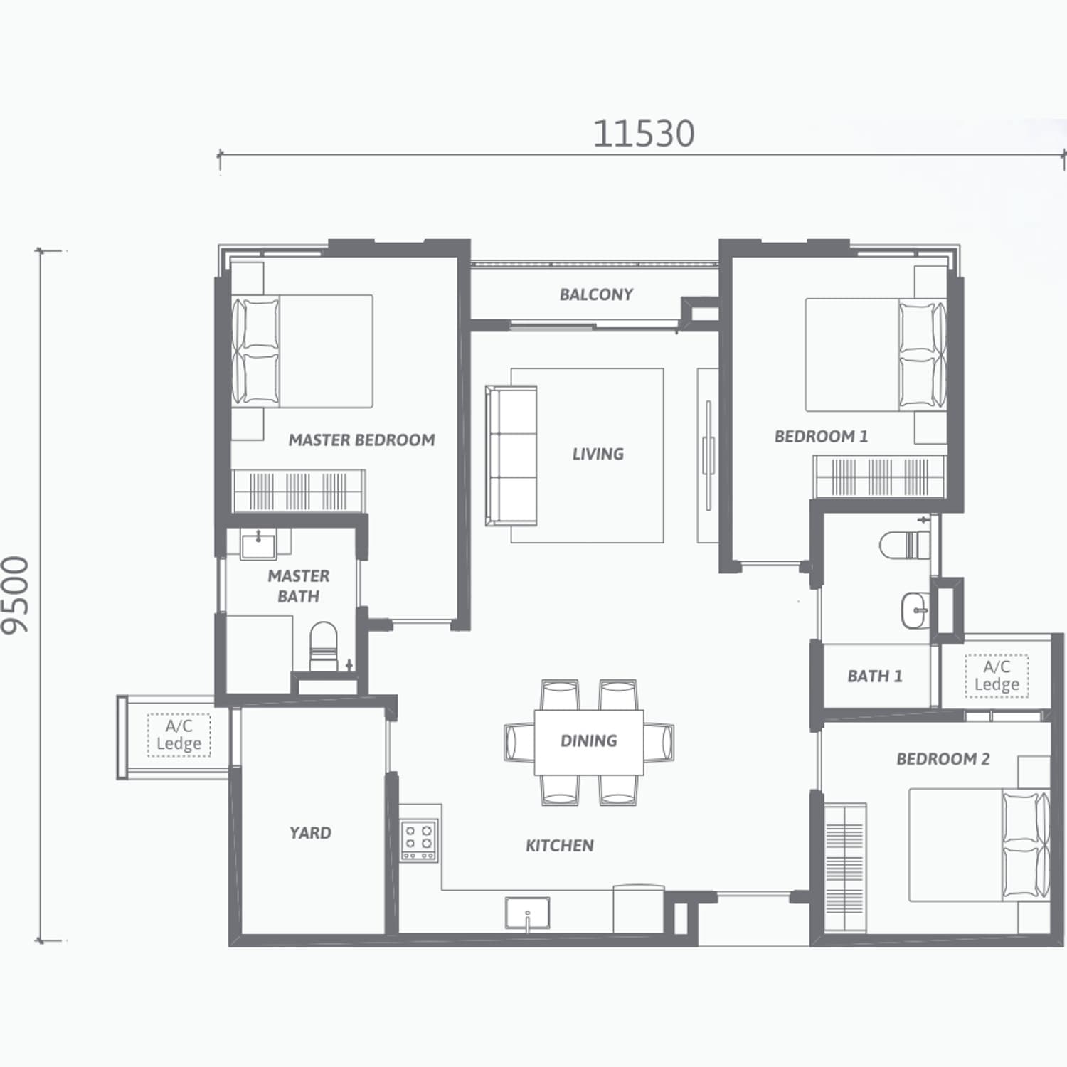 Ren Residence Bukit Jalil Type B1 floor plan — 1,050 sq ft, 3+1 bedrooms · 2 bathrooms · balcony