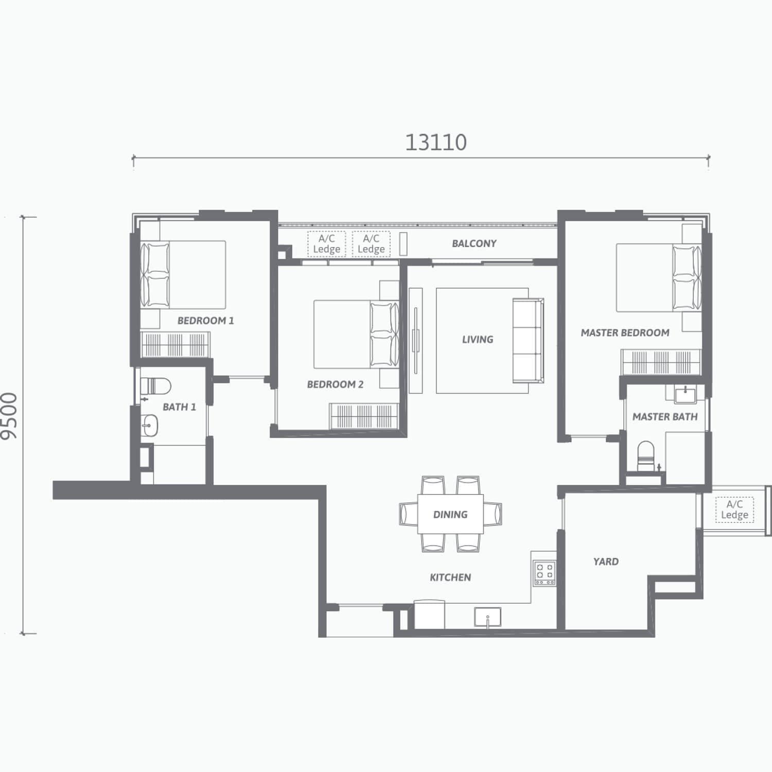 Ren Residence Bukit Jalil Type B2 floor plan — 1,110 sq ft, 3+1 bedrooms · 2 bathrooms · balcony