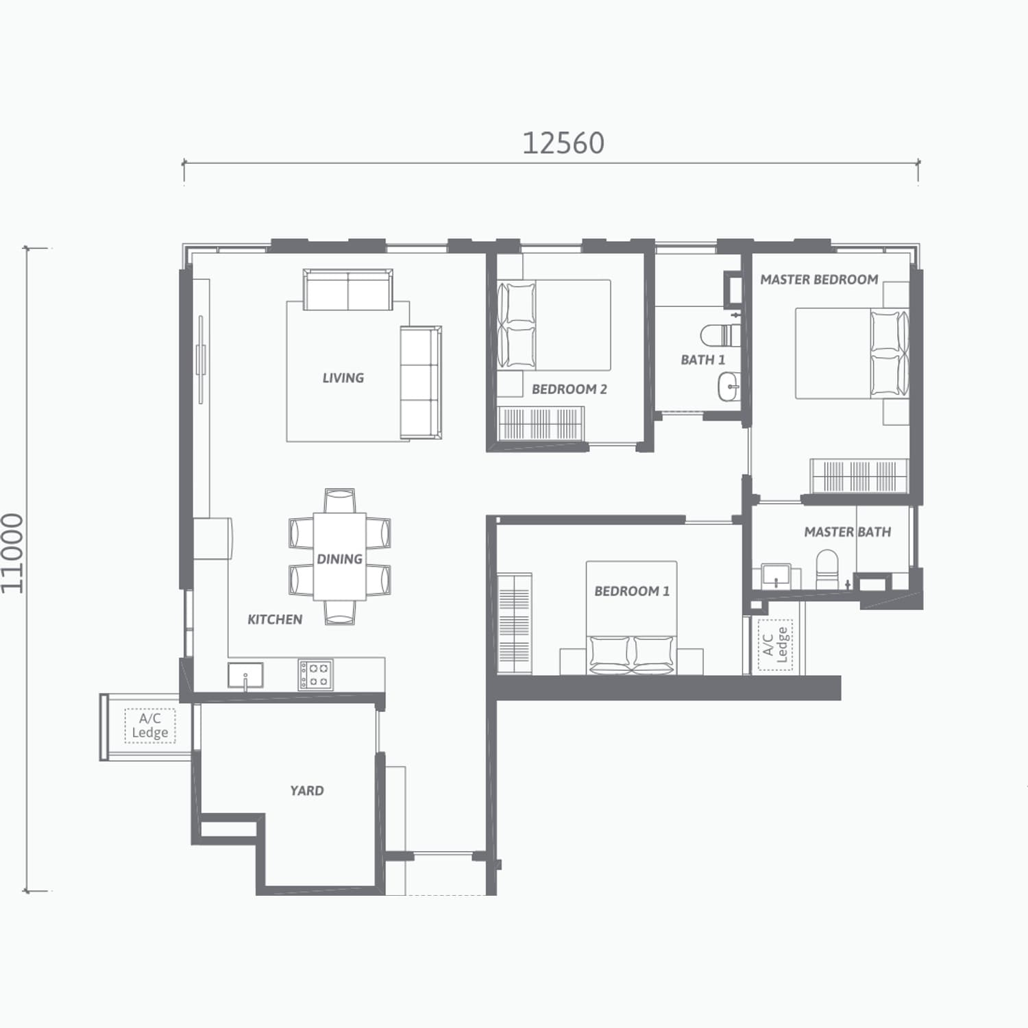 Ren Residence Bukit Jalil Type B3 floor plan — 1,120 sq ft, 3+1 bedrooms · 2 bathrooms
