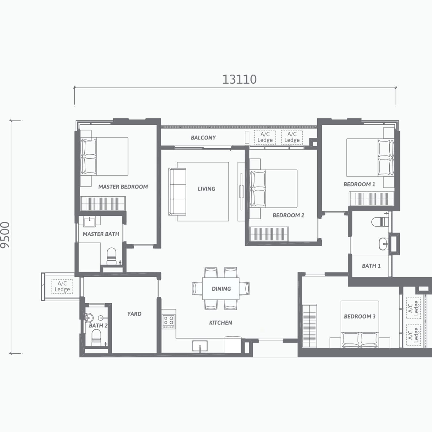 Ren Residence Bukit Jalil Type C floor plan — 1,270 sq ft, 4+1 bedrooms · 3 bathrooms · balcony