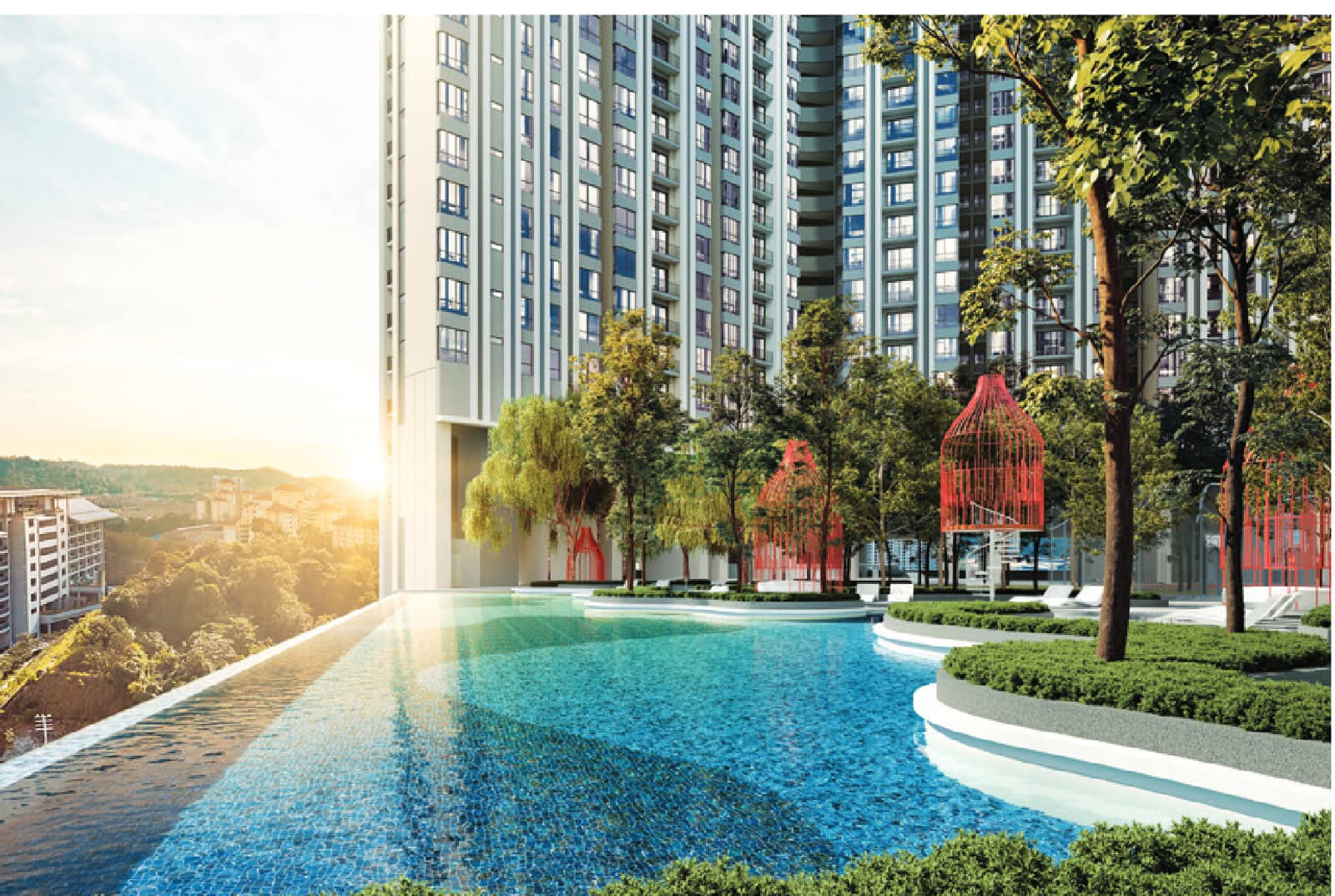 Swimming Pool — the infinity edge on the recreation deck, looking west over Bandar Kinrara at sunset with the play pools and jacuzzi beyond