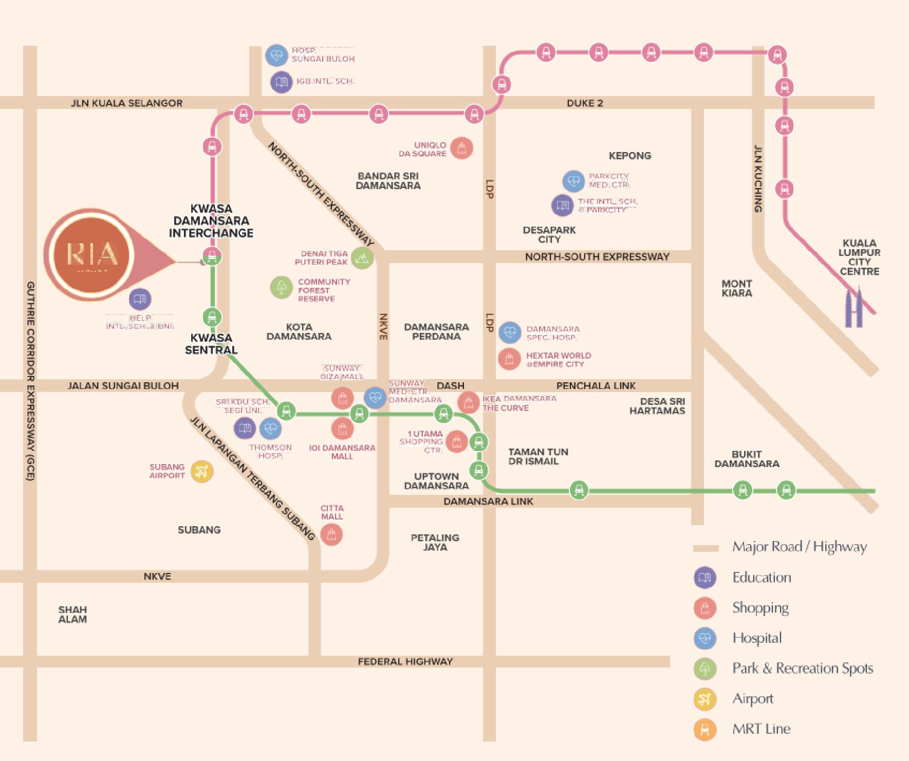 RIA @ Sunsuria brochure location map — the site marked west of the Kwasa Damansara MRT interchange, with the Kajang and Putrajaya MRT lines, the Guthrie Corridor Expressway, NKVE, LDP, DASH, Penchala Link and Federal Highway, and the schools, malls, hospitals and parks across Kota Damansara, Kepong, Mont Kiara and Petaling Jaya