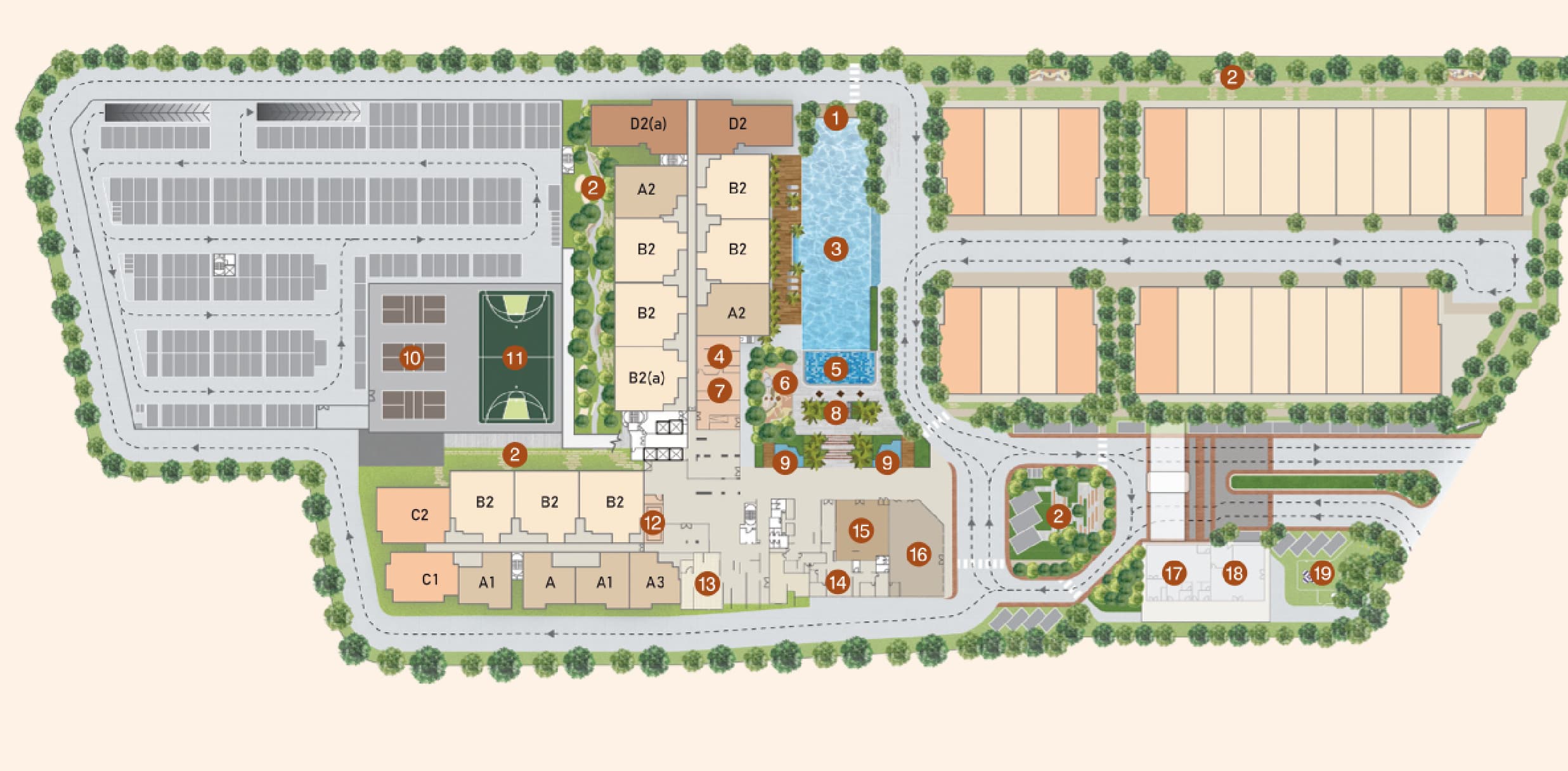 RIA @ Sunsuria facilities plan — the multi-storey car park with its Level 3 basketball and pickleball courts at the west end, the two residential blocks set in an L around the swimming pool, wading pool and playground, and the 26 terraced homes, surau, pavilion and pet recreation area to the east