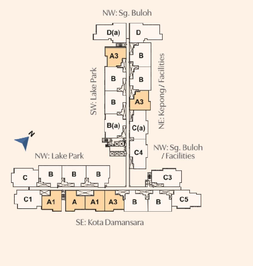 RIA @ Sunsuria typical floor key plan — the L-shaped floor plate with eleven homes in the north wing and thirteen in the east–west wing, labelled by unit type, and the four facings marked NW Sungai Buloh, NE Kepong, SE Kota Damansara and SW Lake Park