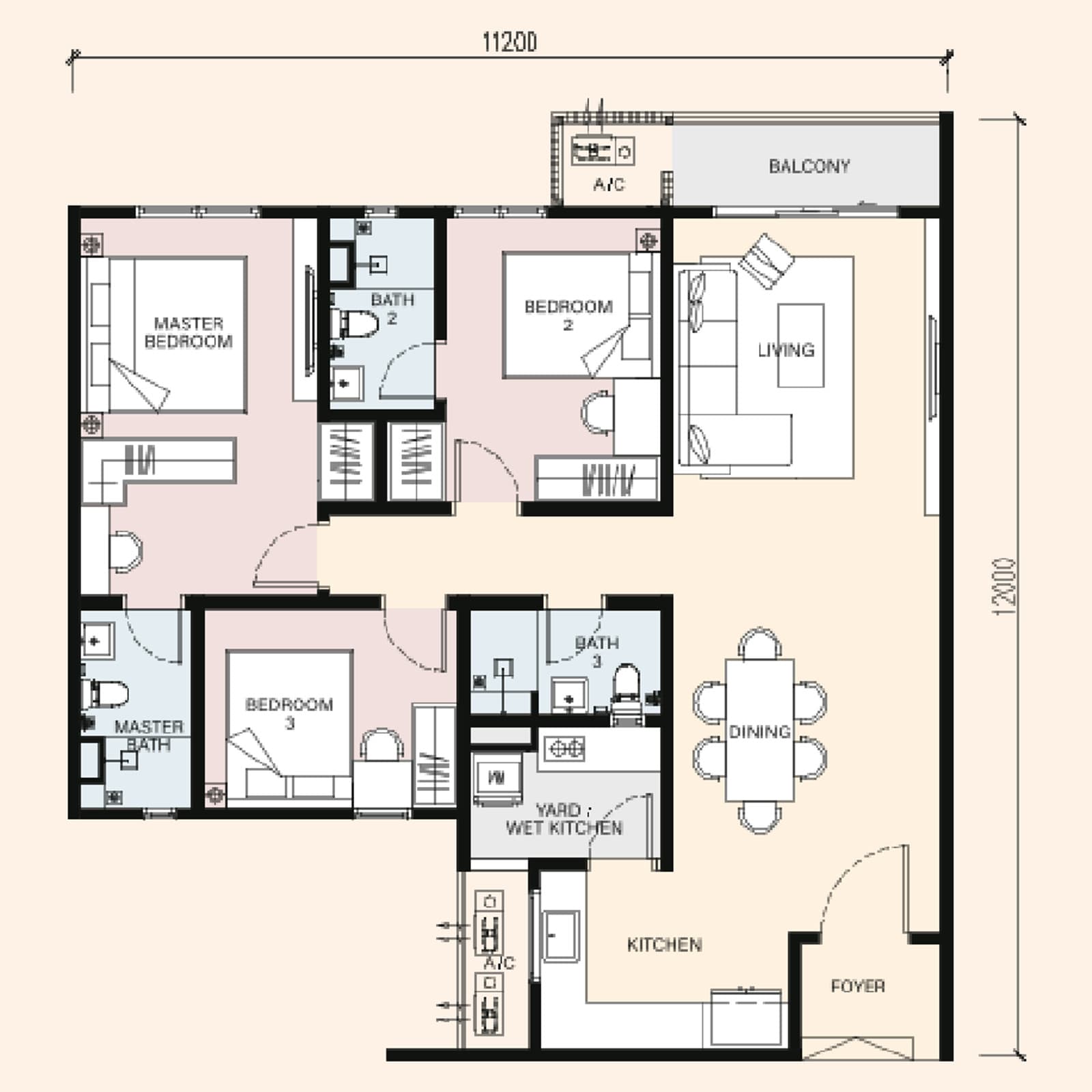RIA @ Sunsuria Kwasa Damansara Type A floor plan — 1,195 sq ft, 3 bedrooms · 3 bathrooms · balcony · 2 car park bays, side by side