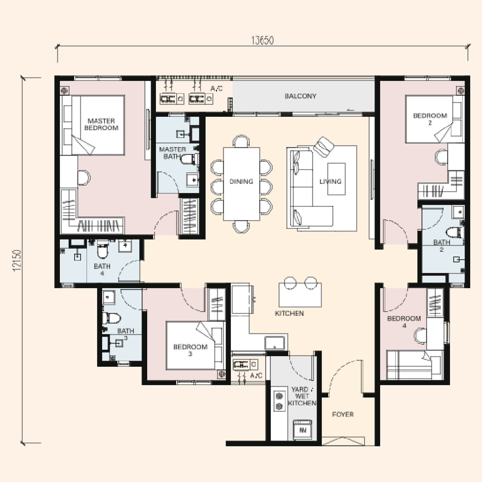 RIA @ Sunsuria Kwasa Damansara Type B floor plan — 1,486 sq ft, 4 bedrooms · 4 bathrooms · balcony · 2 car park bays, side by side