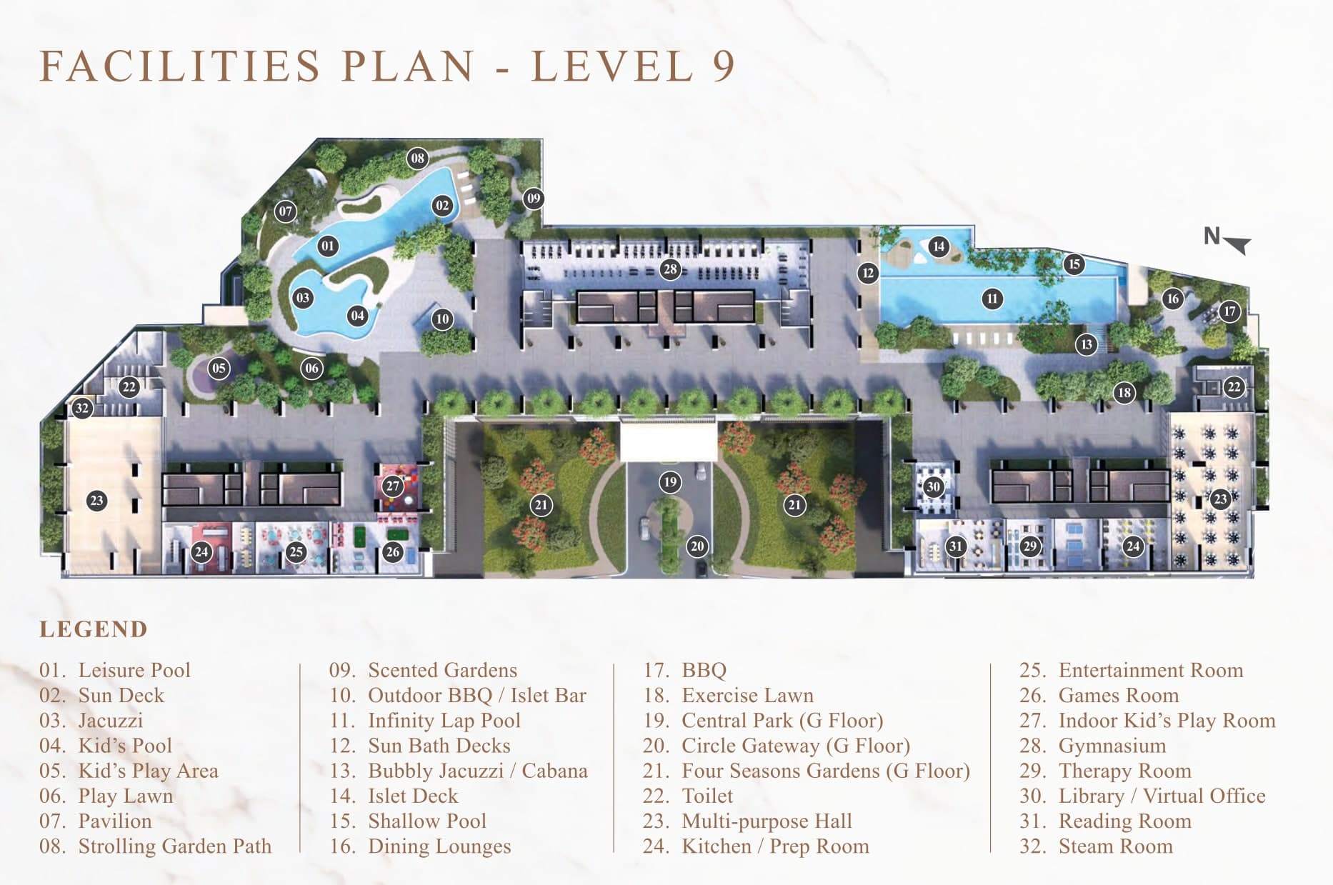 River Park facilities plan for Level 9, with all 32 numbered spaces