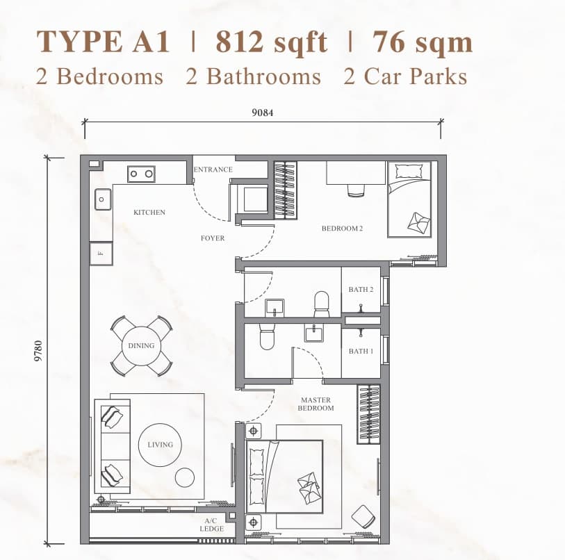 River Park Type A1 floor plan — 812 sq ft, 2 bedrooms · 2 bathrooms