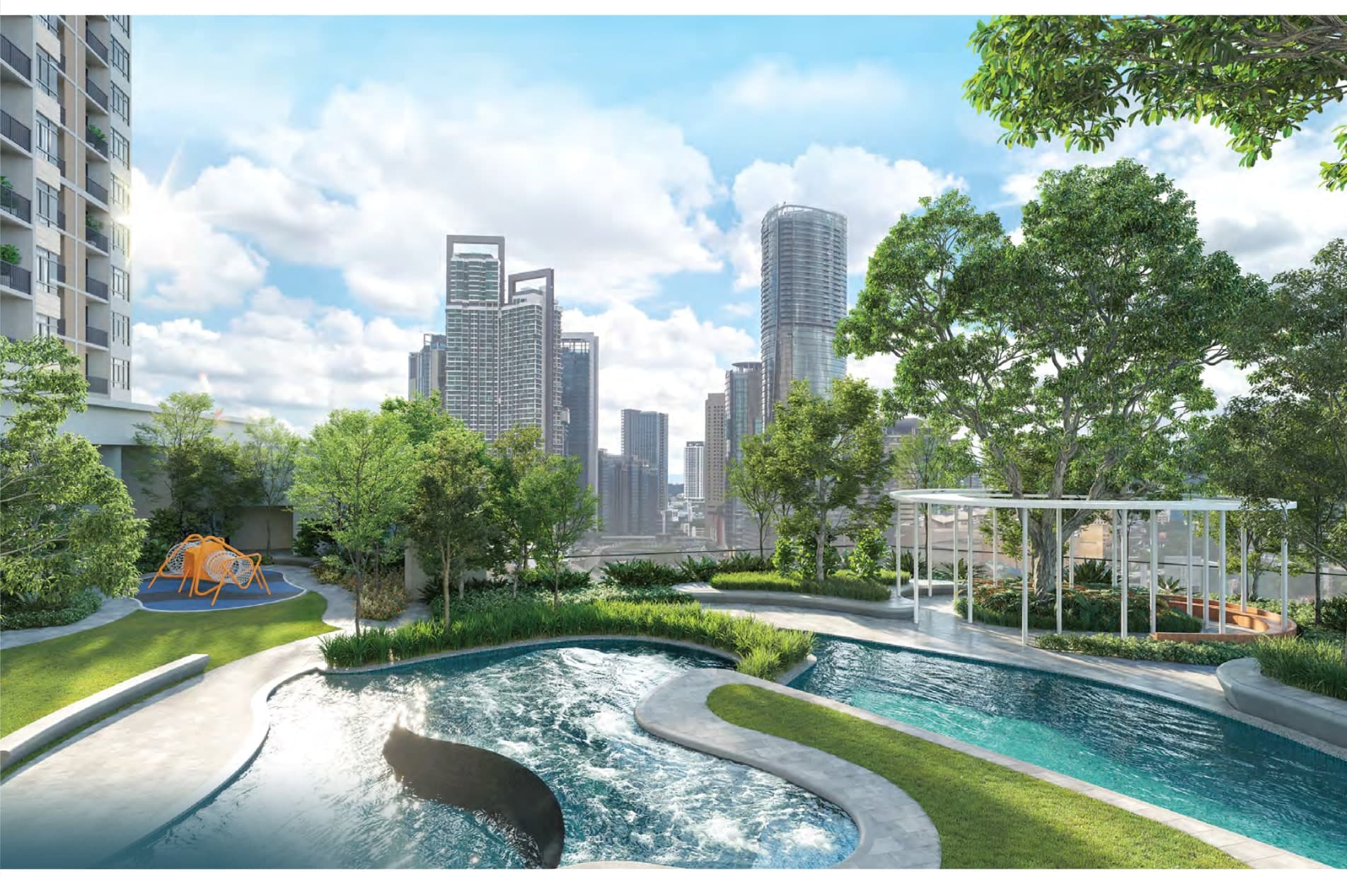 The leisure pool, play lawn and pavilion on Level 9