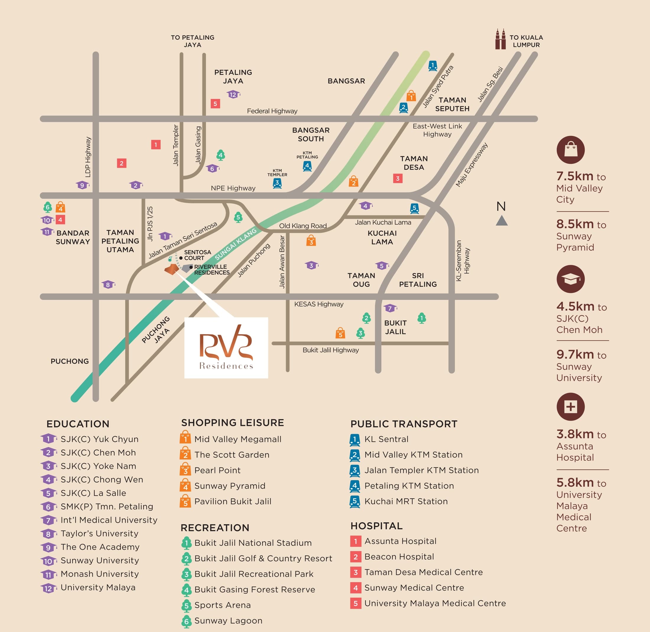 Riverville Residences 2 location map — the site on Jalan Taman Seri Sentosa beside Sungai Klang, with the Federal Highway, NPE, East-West Link, Maju Expressway and KESAS, and the schools, malls, hospitals and stations around it